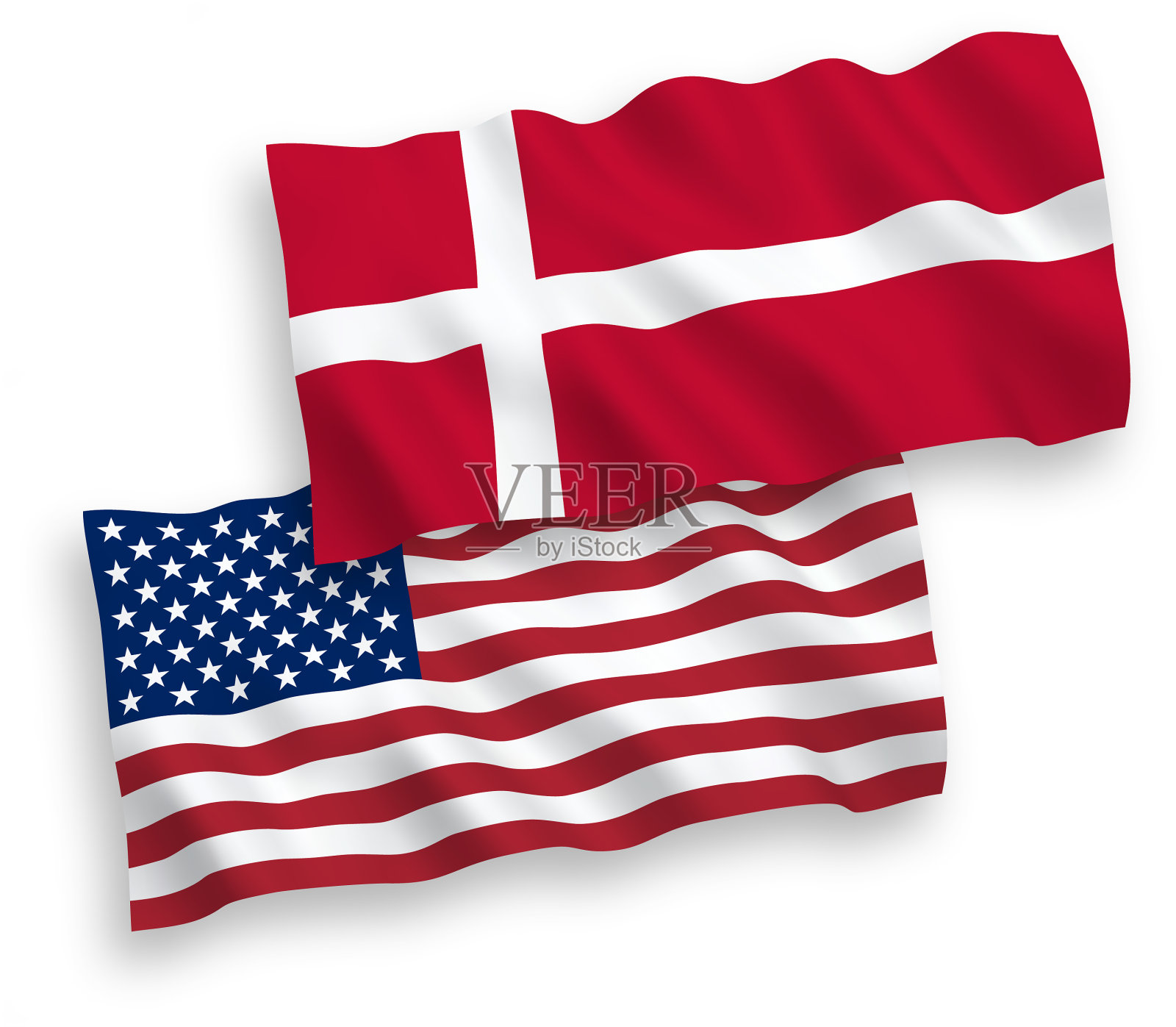白色背景上的丹麦和美国国旗设计元素图片