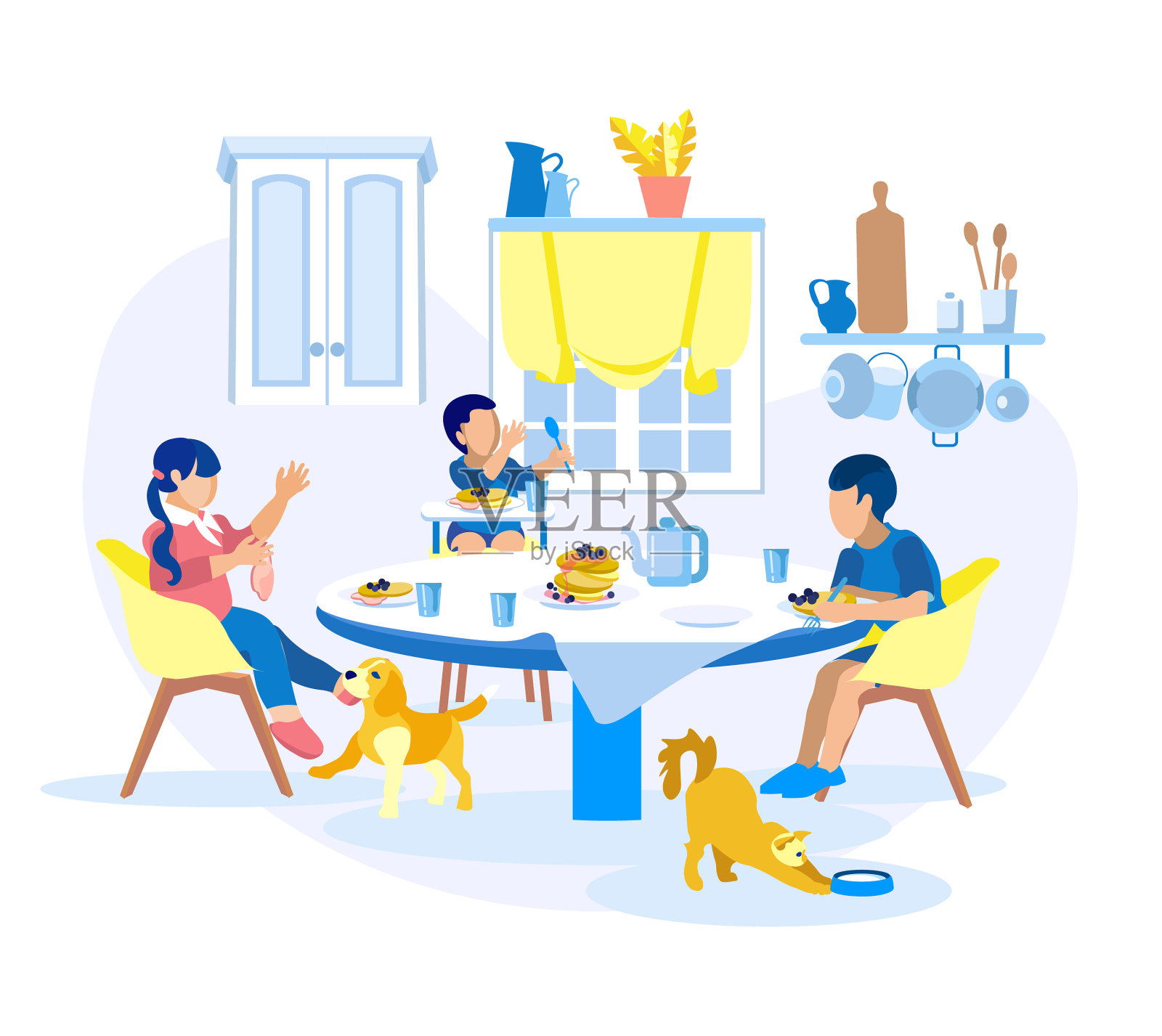 儿童在家里吃早餐平面卡通设计元素图片