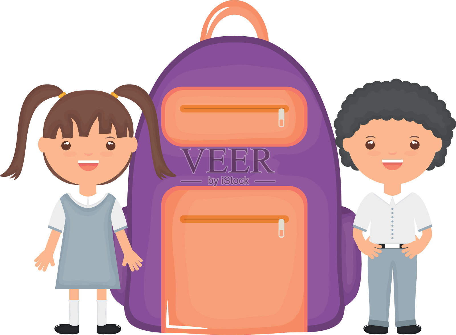 可爱的小学生夫妇与书包设计元素图片