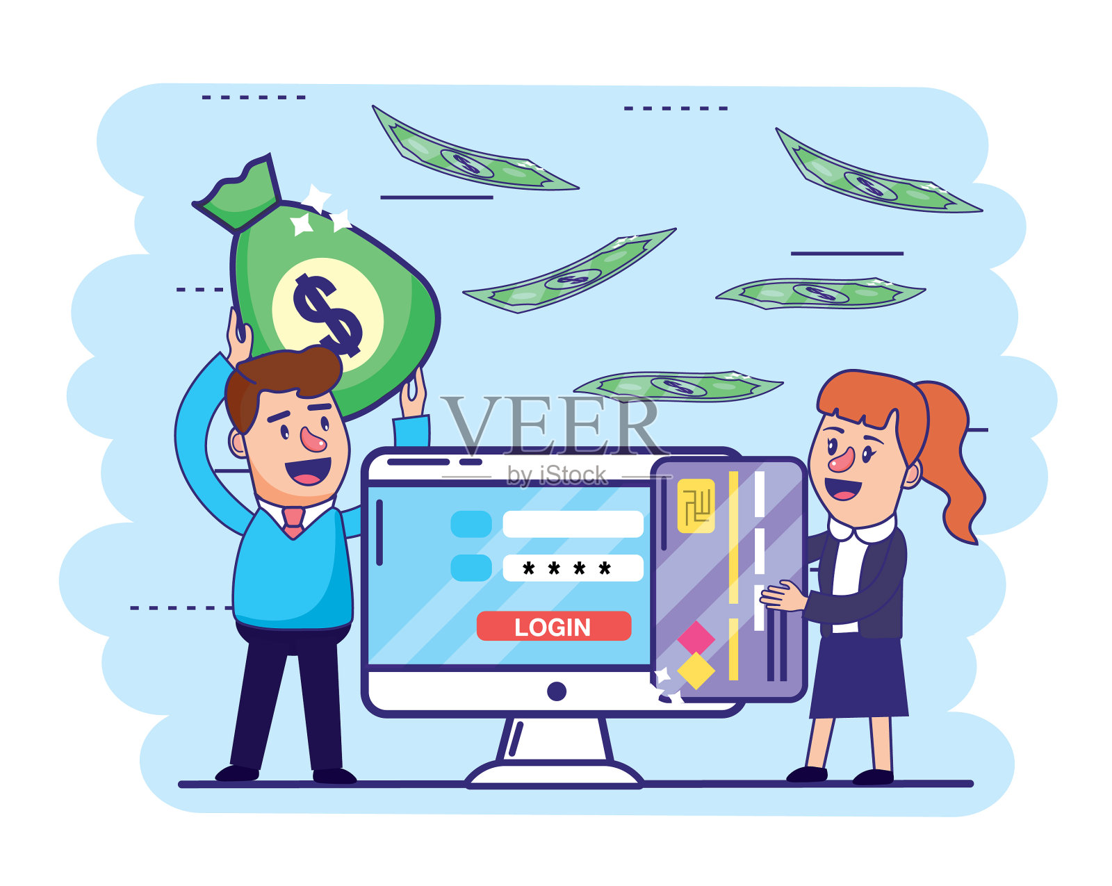 有信用卡和电脑的男人和女人设计元素图片