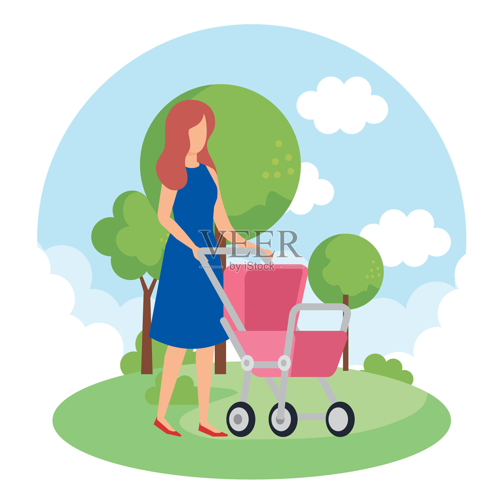 妈妈推着婴儿车在公园里设计元素图片