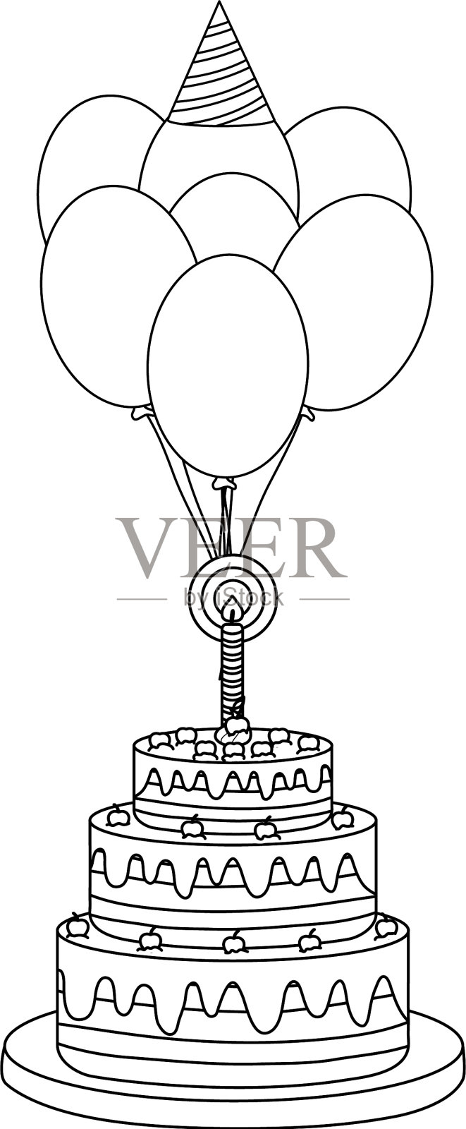 美味的蛋糕，一只蜡烛和气球设计元素图片
