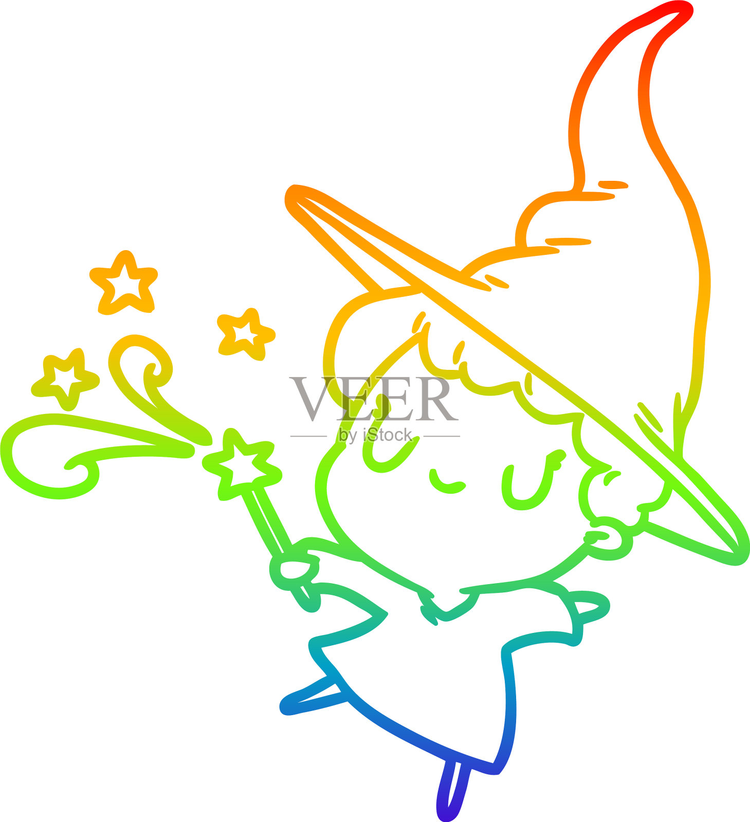 彩虹渐变线画可爱女巫施法设计元素图片