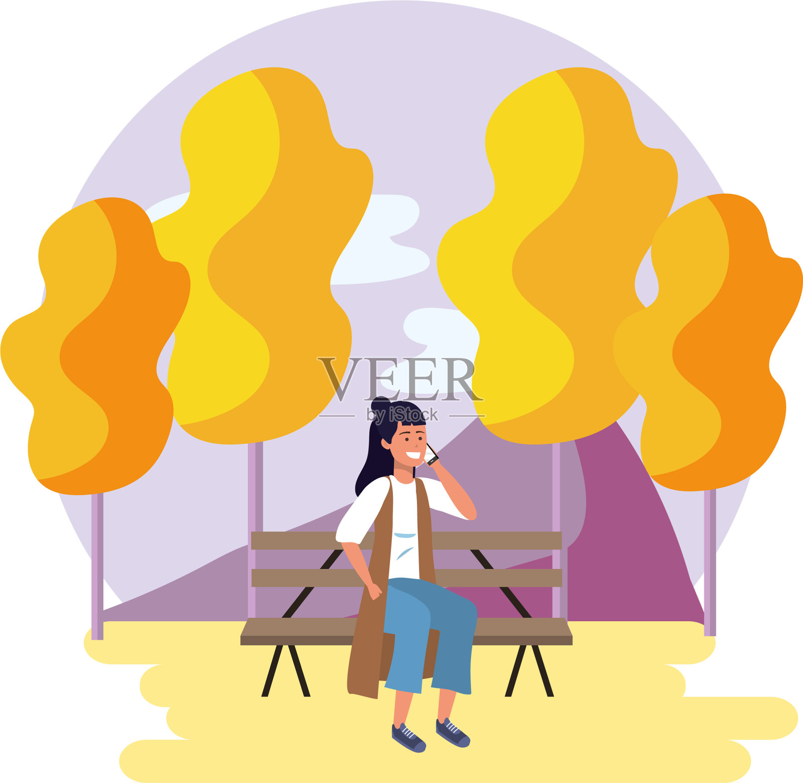 千禧一代坐在户外公园长椅上设计元素图片