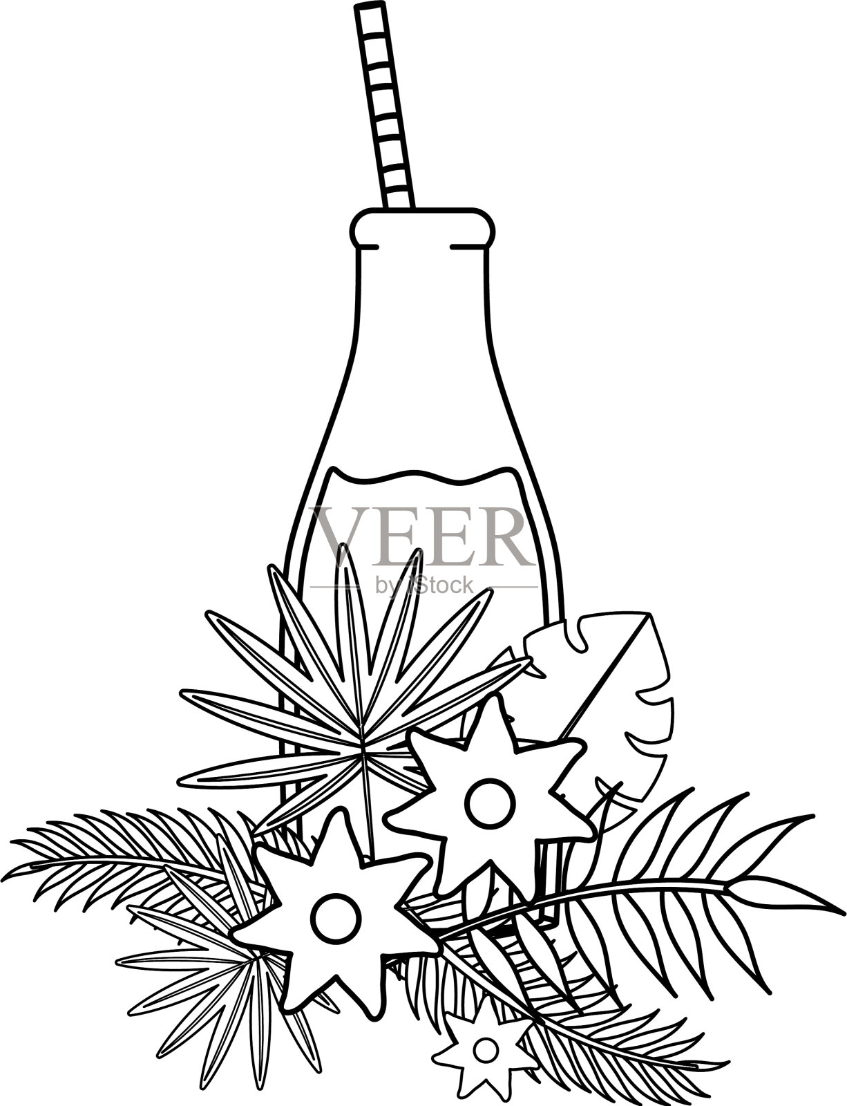 新鲜果汁水果瓶与吸管在花设计元素图片