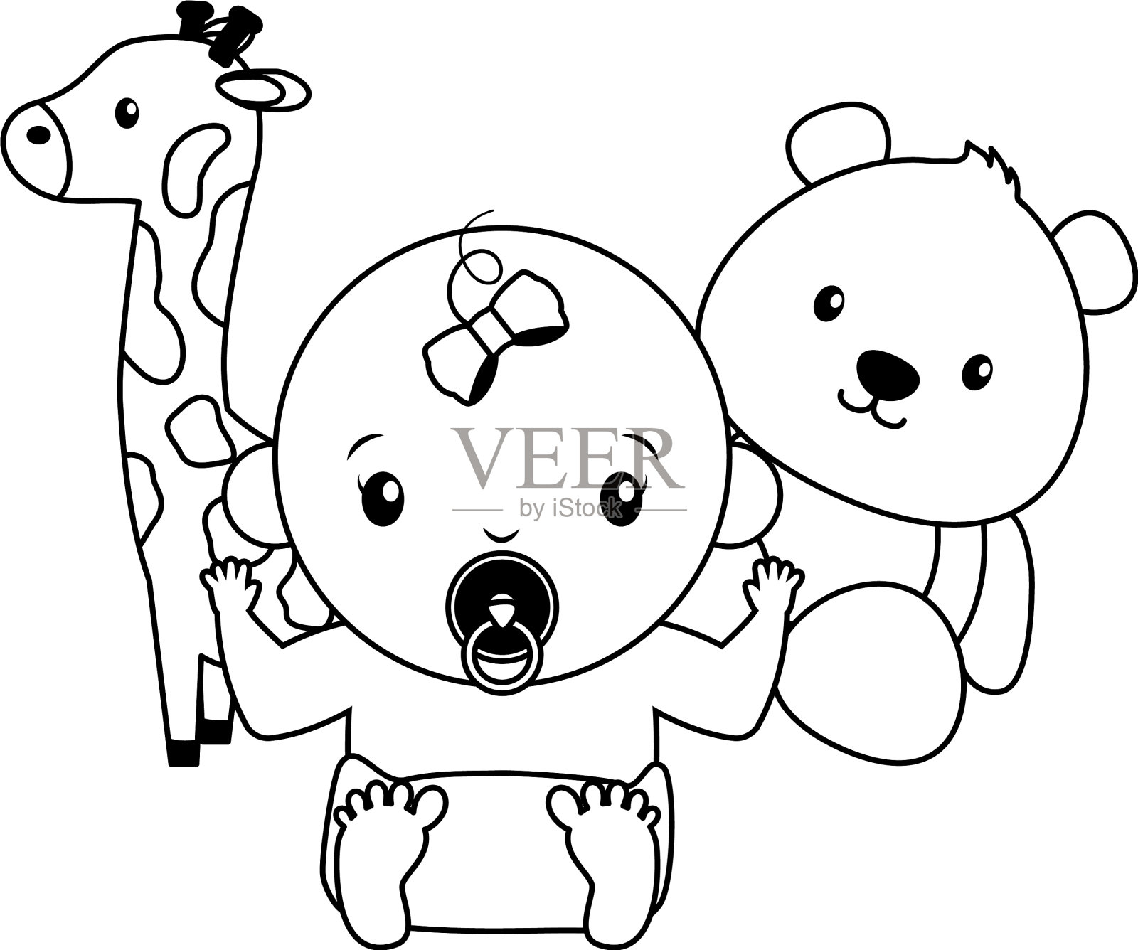 可爱的小女孩，带着泰迪熊和长颈鹿设计元素图片