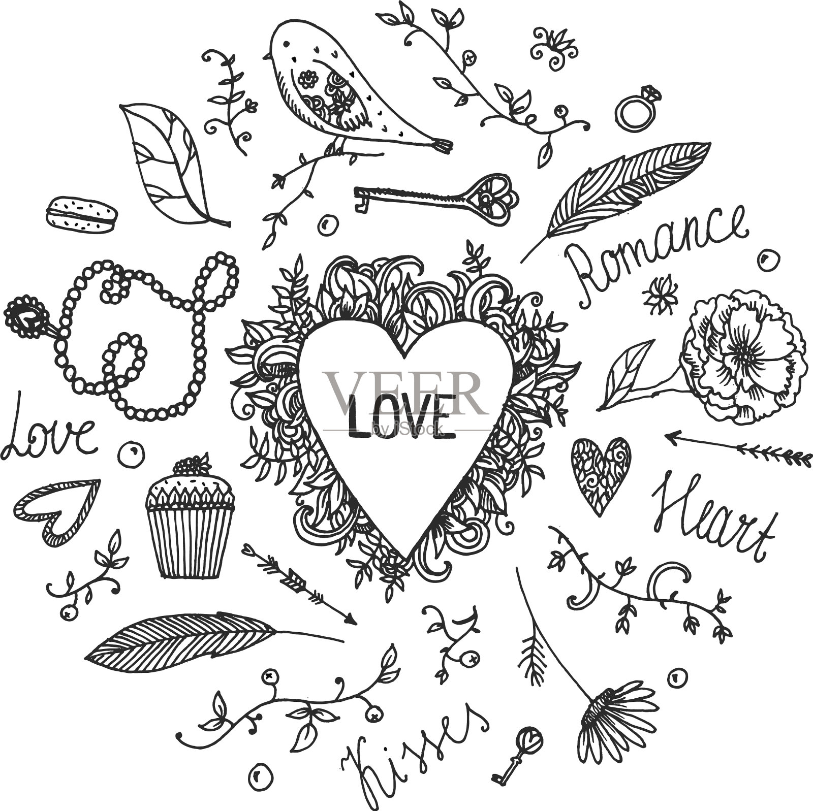 手绘浪漫集爱情婚礼设计元素图片