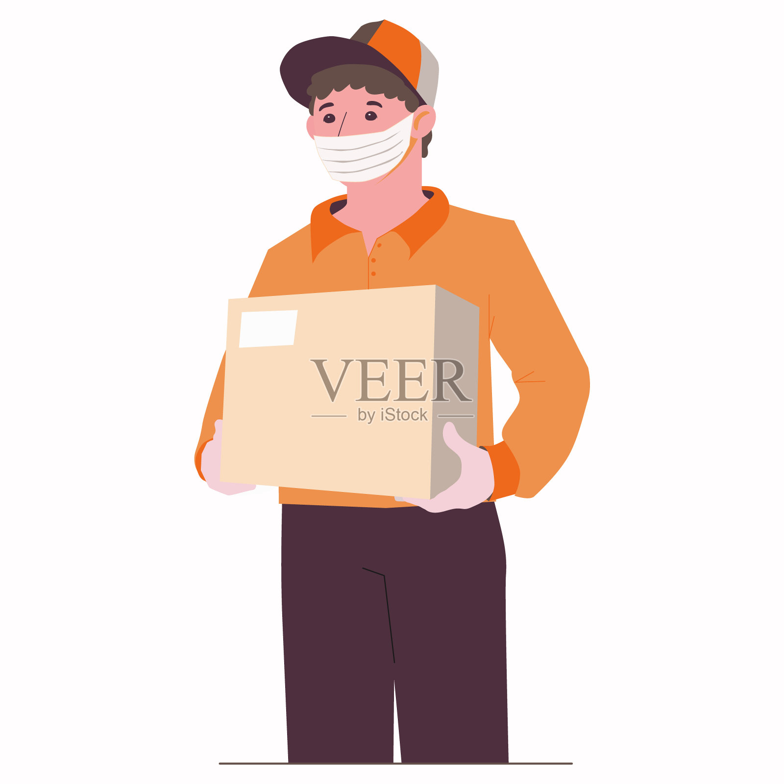 安全的包裹递送到您的家。邮递员戴着面具和手套。安全服务。在白色背景上孤立的平面插图。插画图片素材