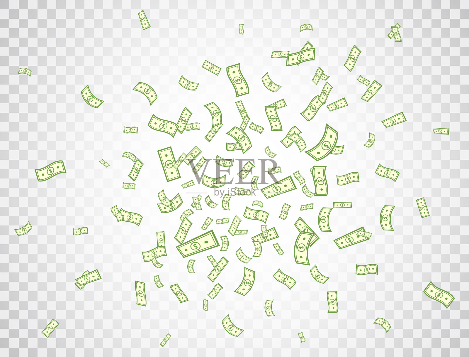 美元在透明的背景上飞行。钞票图标爆炸。金钱在一个扁平的风格。卡通现金的迹象。人民币收藏。美元钞票。银行券。大奖,大赢。矢量图插画图片素材