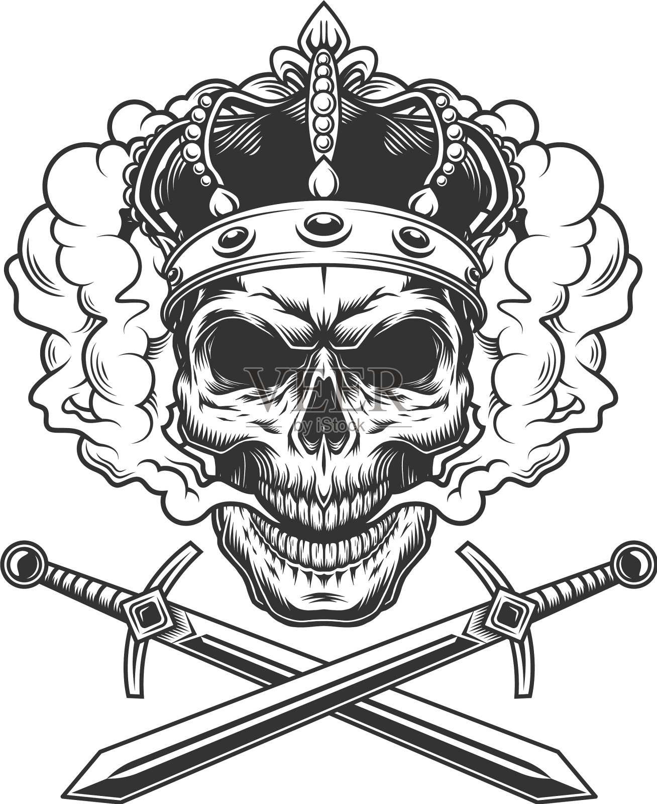 头盖骨戴着皇冠在烟云中设计元素图片