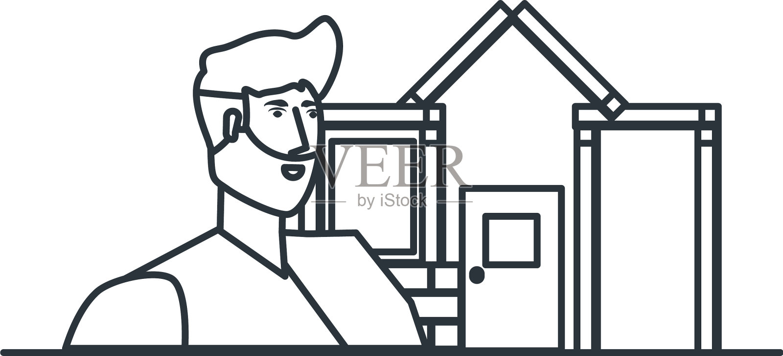 建筑工人与正面房屋设计元素图片