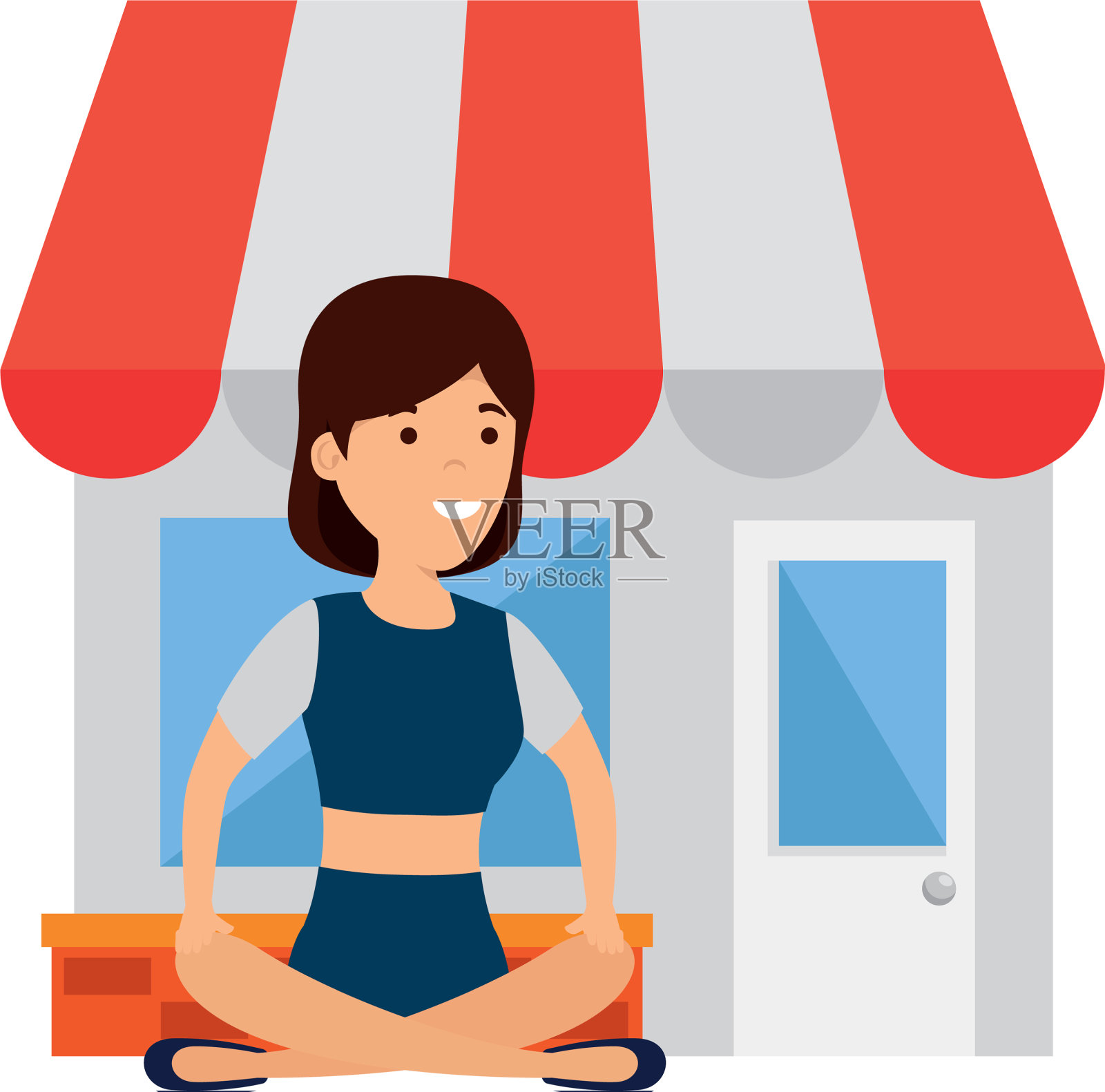 年轻女子荷花位置与商店大楼设计元素图片