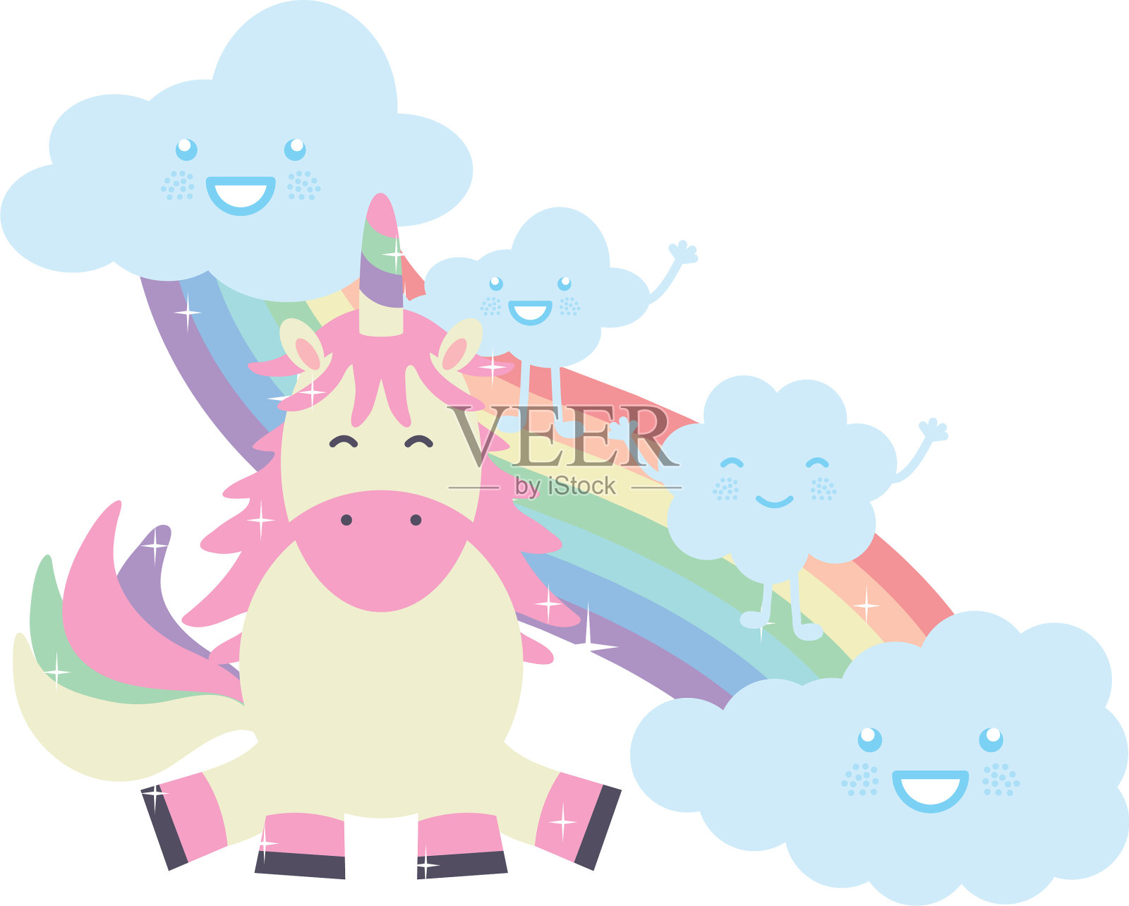 可爱的独角兽与云彩和彩虹卡哇伊设计元素图片