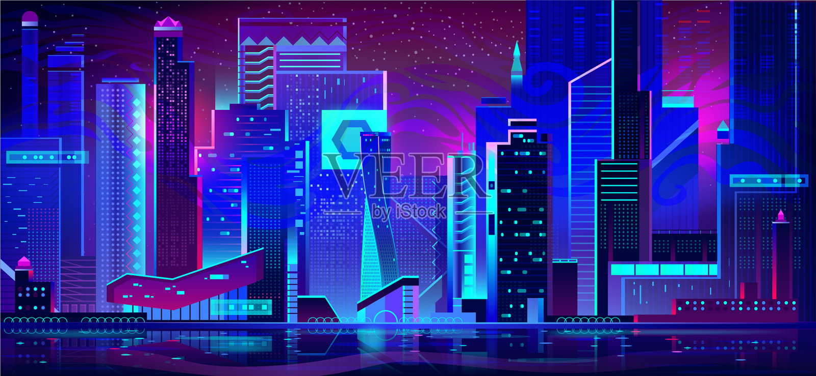 霓虹灯下的夜城未来主义建筑插画图片素材