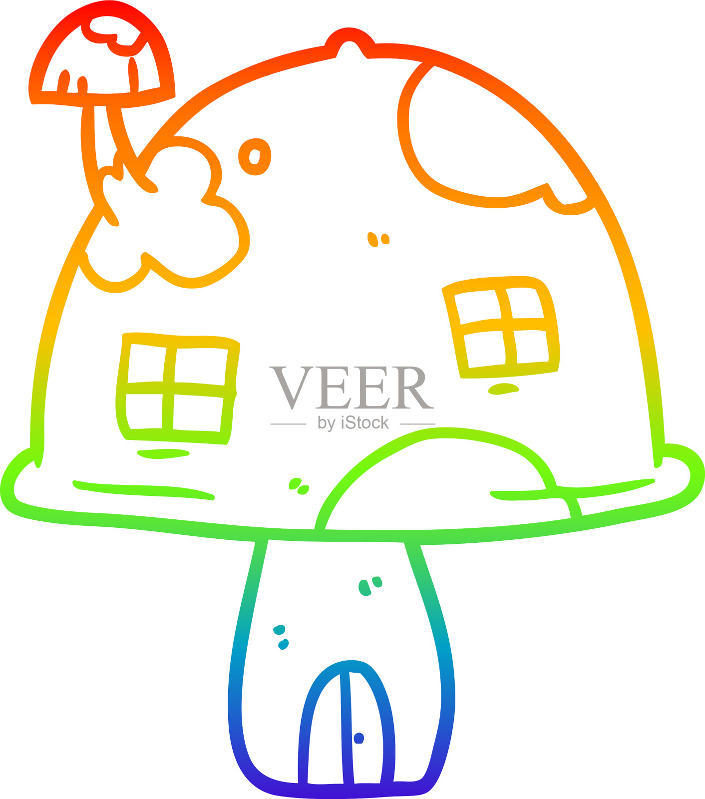 彩虹梯度线画仙人蘑菇屋设计元素图片