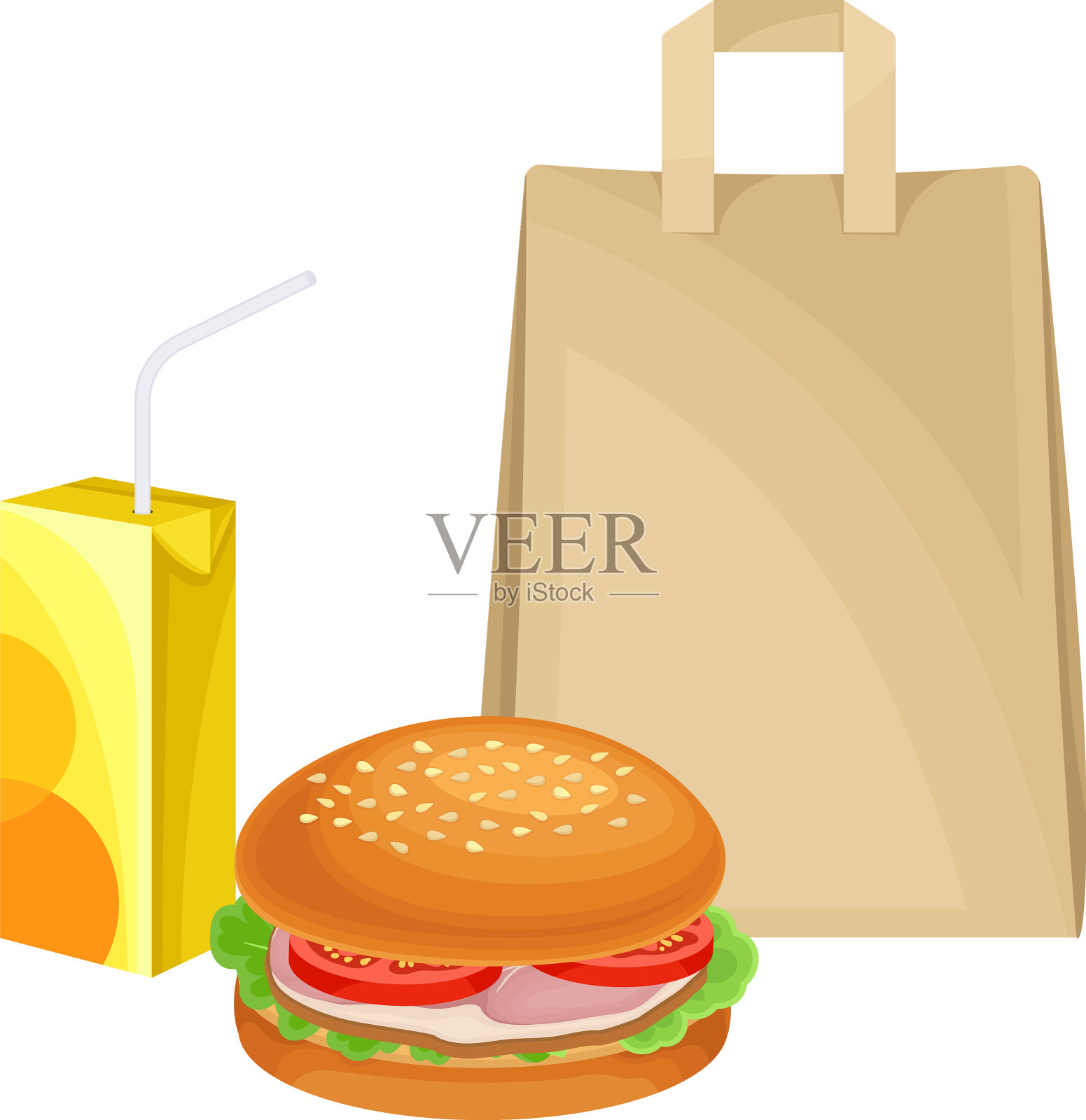 午餐是零食，三明治和盒装果汁插画图片素材