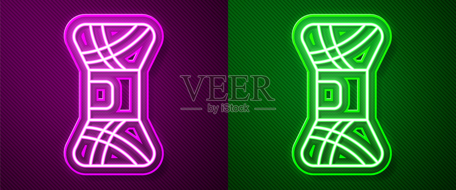 发光的霓虹线纱线图标孤立在紫色和绿色的背景。标签适用于手工、针织或裁缝店。矢量图插画图片素材