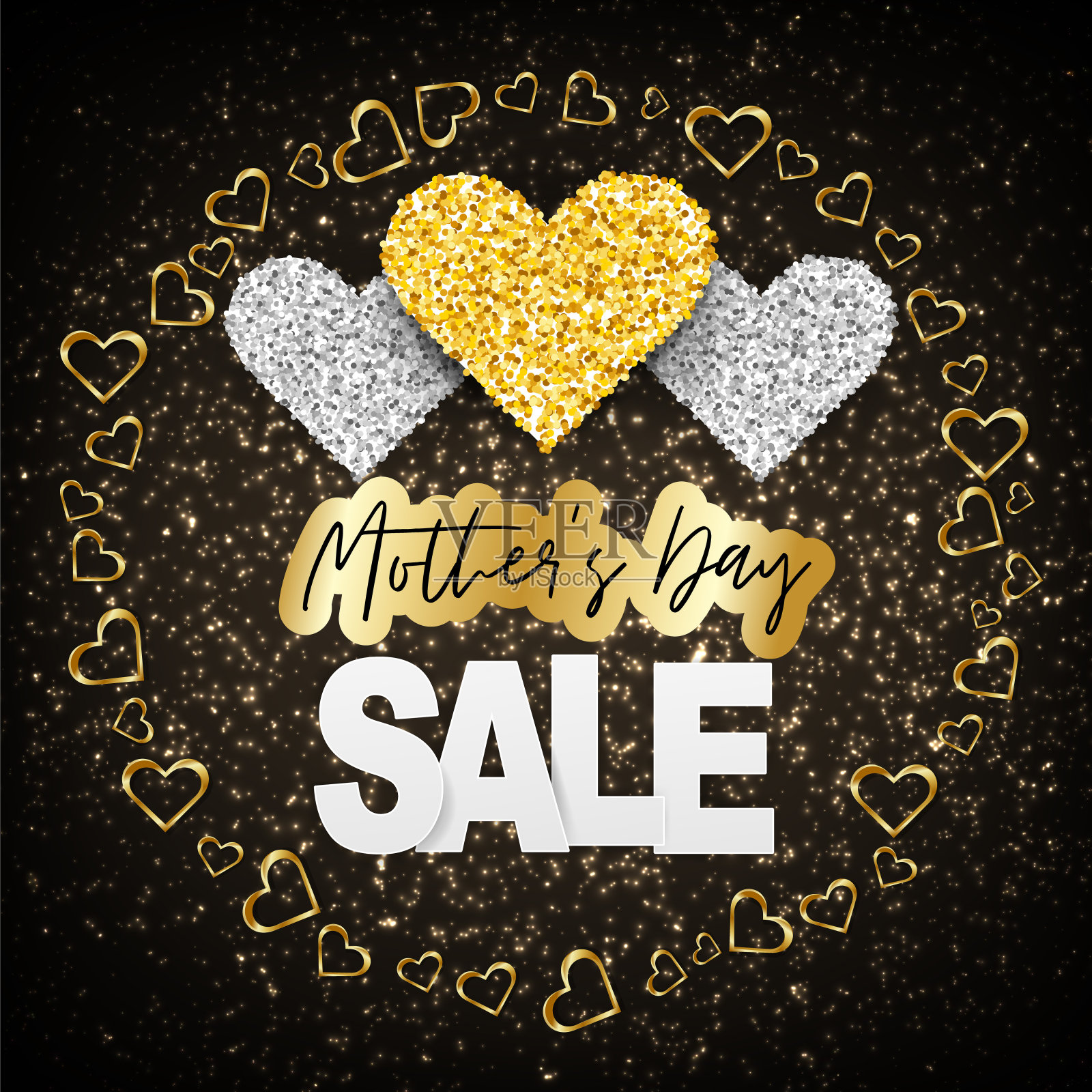 母亲节促销横幅。金色的心，在黑色的背景上闪闪发光。矢量插图。设计元素图片