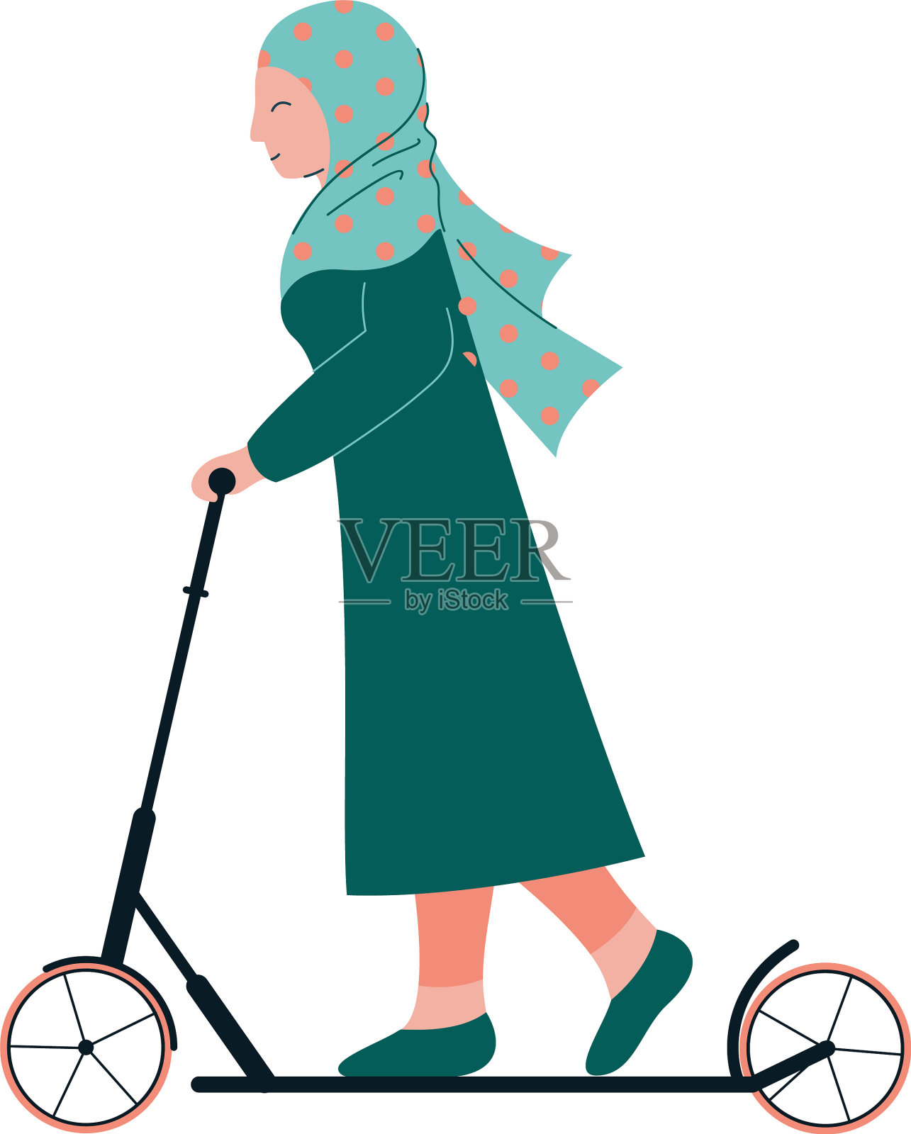 穆斯林妇女戴着头巾骑着滑板车设计元素图片