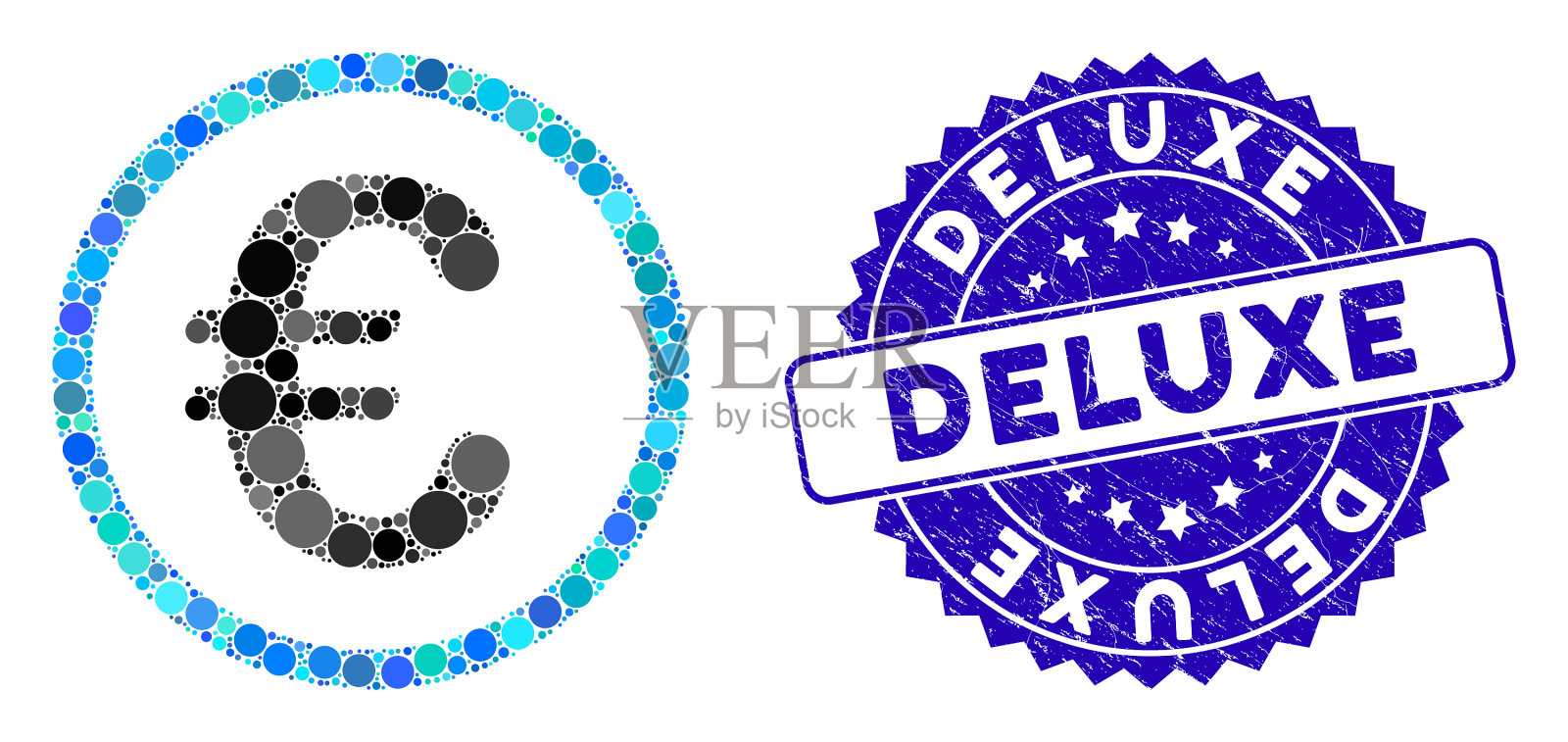 马赛克欧元硬币图标与刮花豪华印章插画图片素材