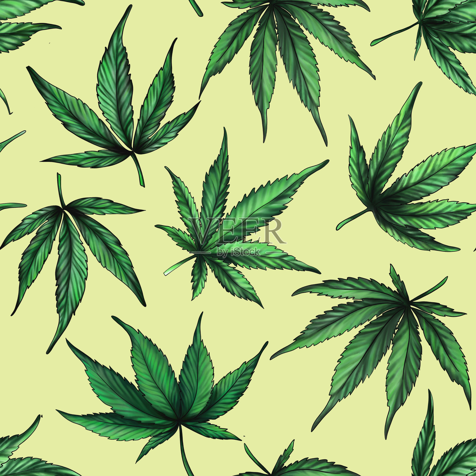 绿色的大麻叶子在黄色背景上的无缝图案。麻叶上有黄色的背景。插画图片素材