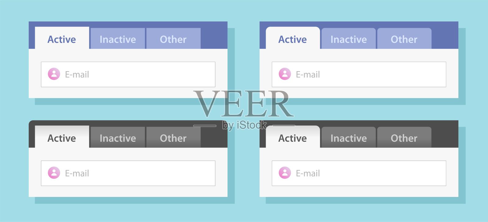 选项卡ui设计或选项卡菜单网站模板设置矢量平面风格的插图模型，web导航界面元素栏集合或框蓝色和黑色的窗口形式图像插画图片素材