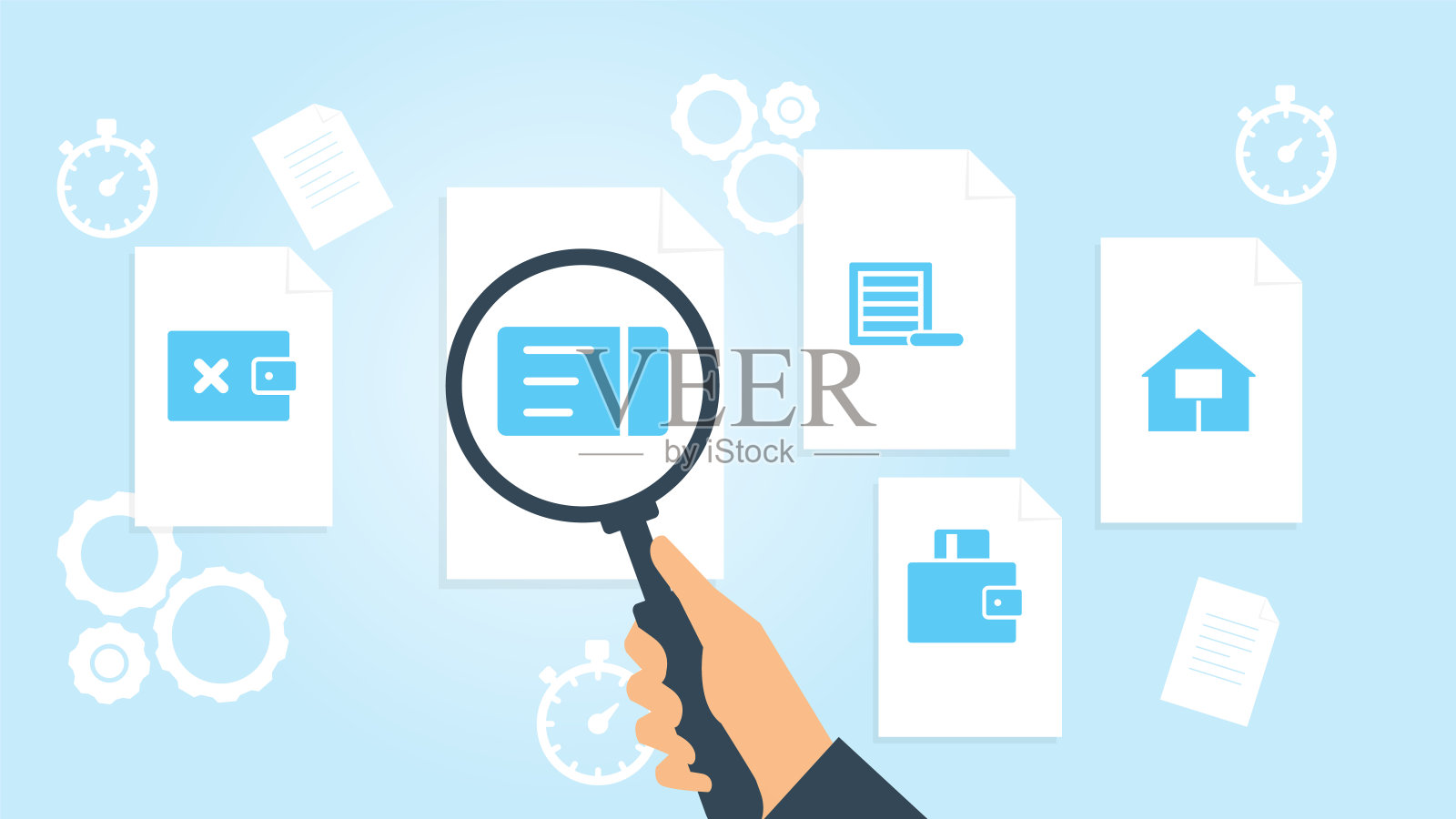 文档与搜索图标。文件和放大镜。分析研究的迹象。矢量图画屋出售文件，矢量图画书研究设计模板素材