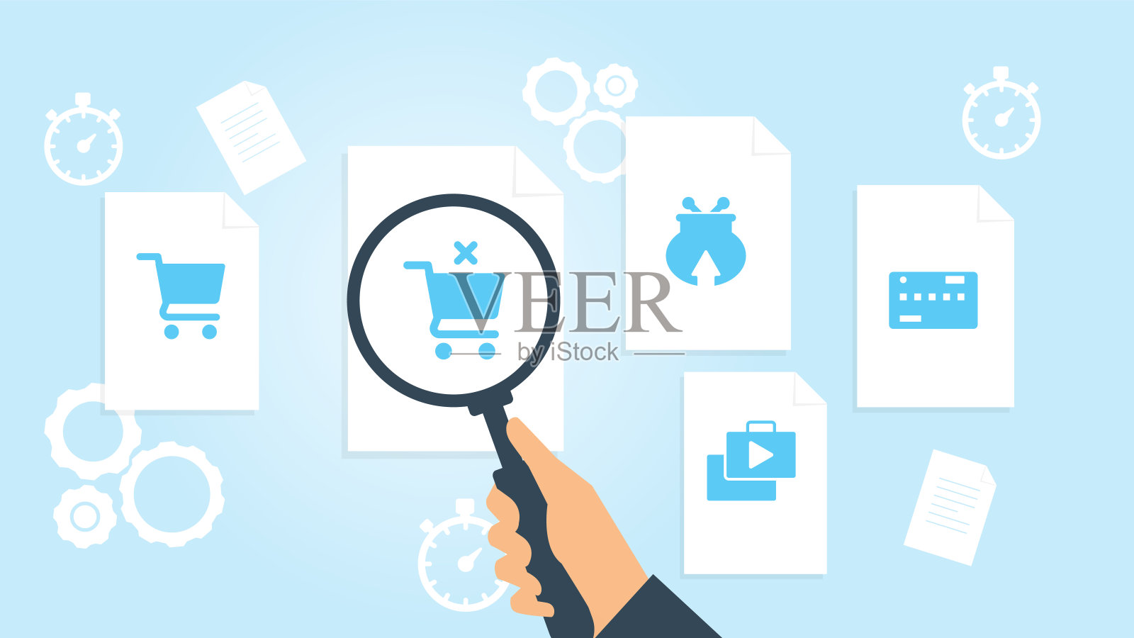 文档与搜索图标。文件和放大镜。分析研究的迹象。矢量插图购物篮文件，文献研究矢量插图插画图片素材