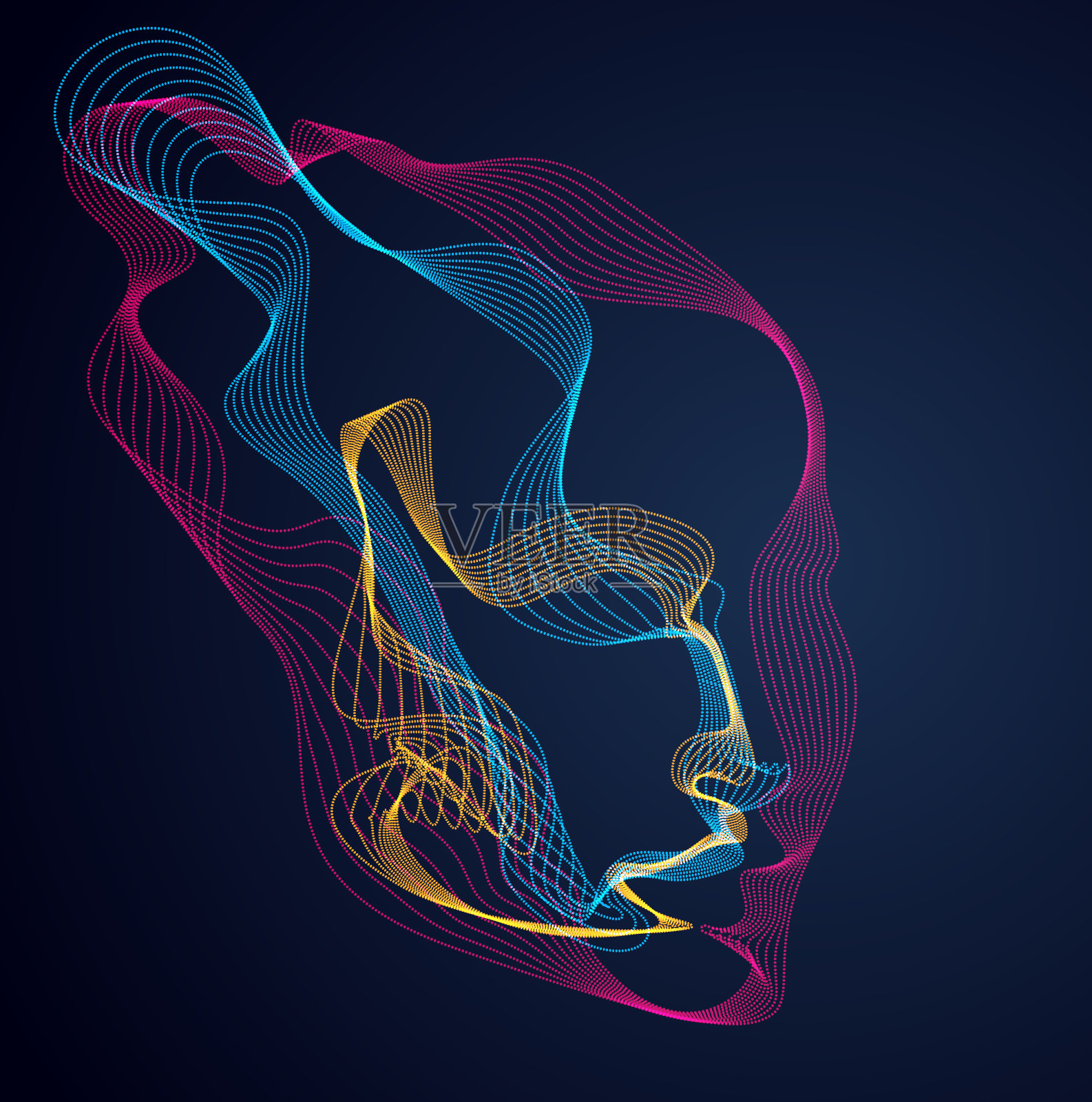 美丽的矢量人脸人像，点粒子阵列制作的艺术化人头插图，人工智能，pc编程软件界面，数字灵魂。插画图片素材