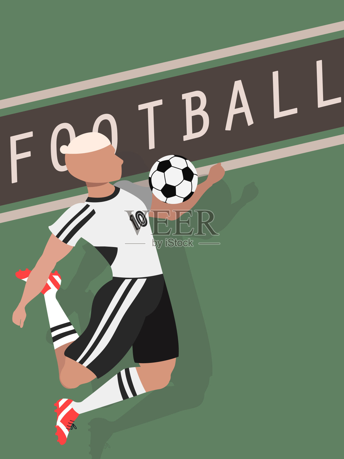 绿色的旧学校足球海报。一个足球运动员和一个足球。巨大的足球文字标志。穿着制服和靴子的金发运动员。现代矢量插图web和打印。插画图片素材