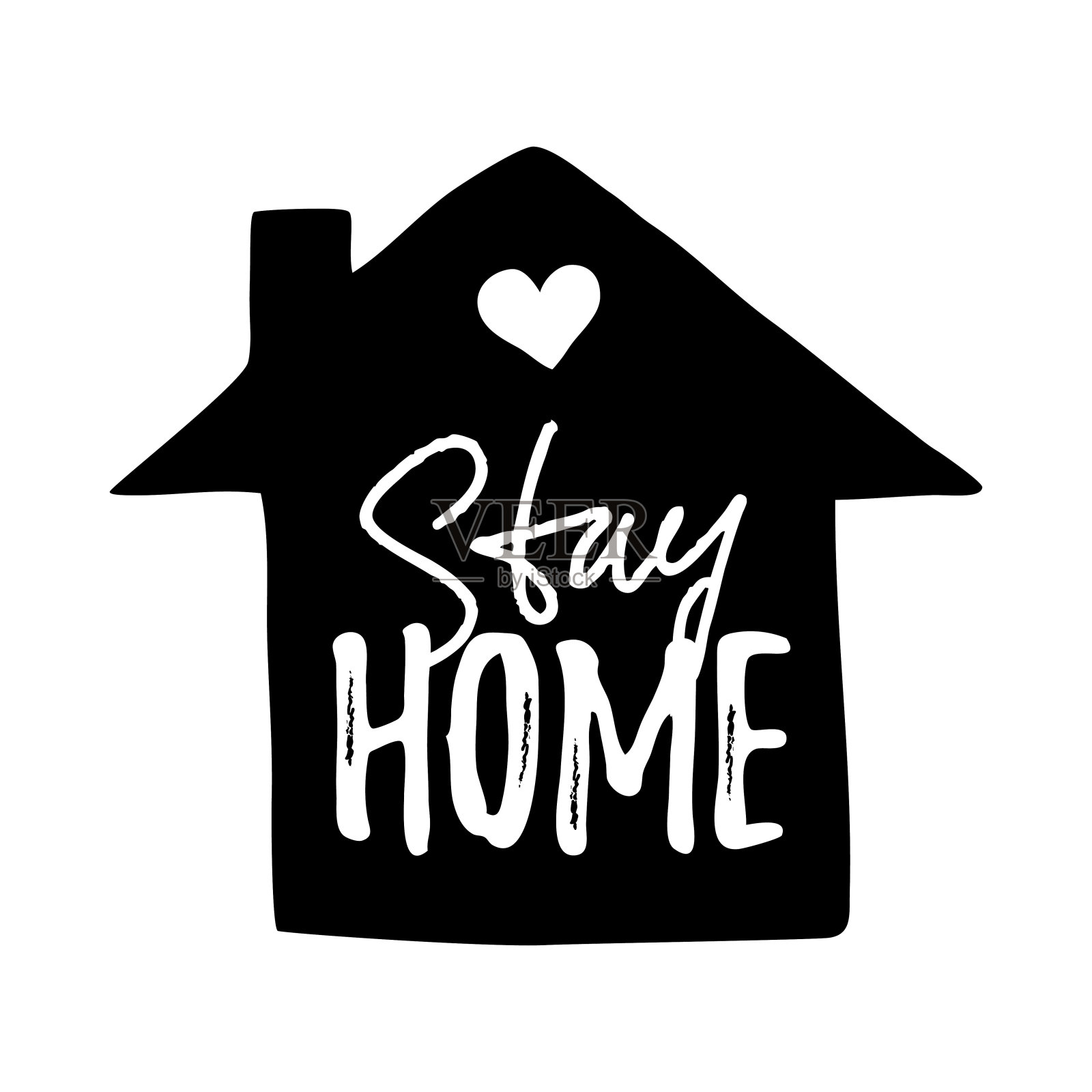 矢量插图的房子和呆在家里字体排版孤立在白色。流行的标签、标志、图标或符号，用于因冠状病毒大流行而进行自我隔离。动机打印海报、横幅设计元素图片