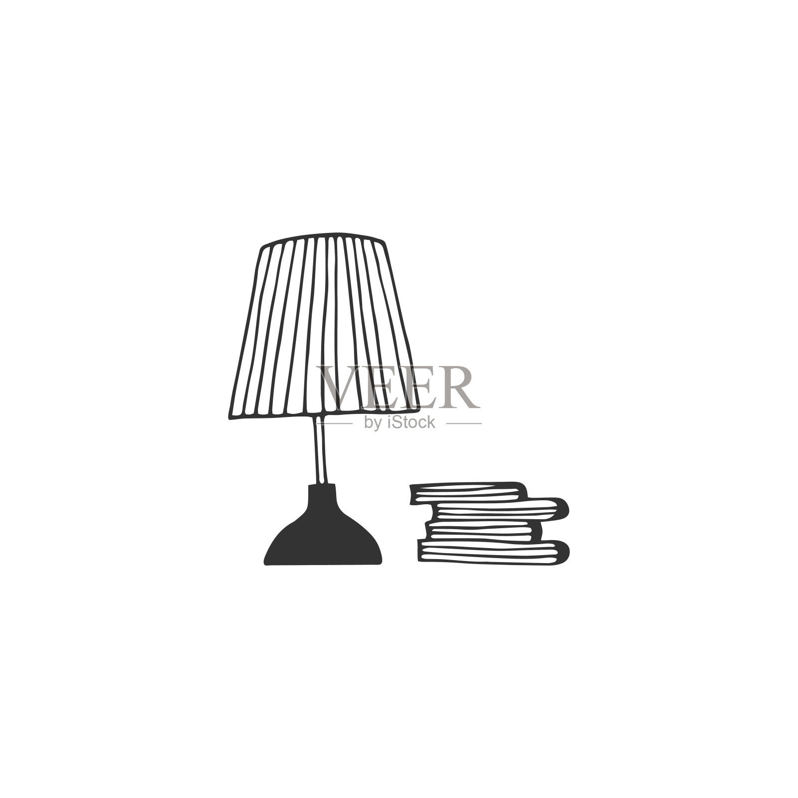 台灯和书。矢量草图黑白插图。设计元素图片