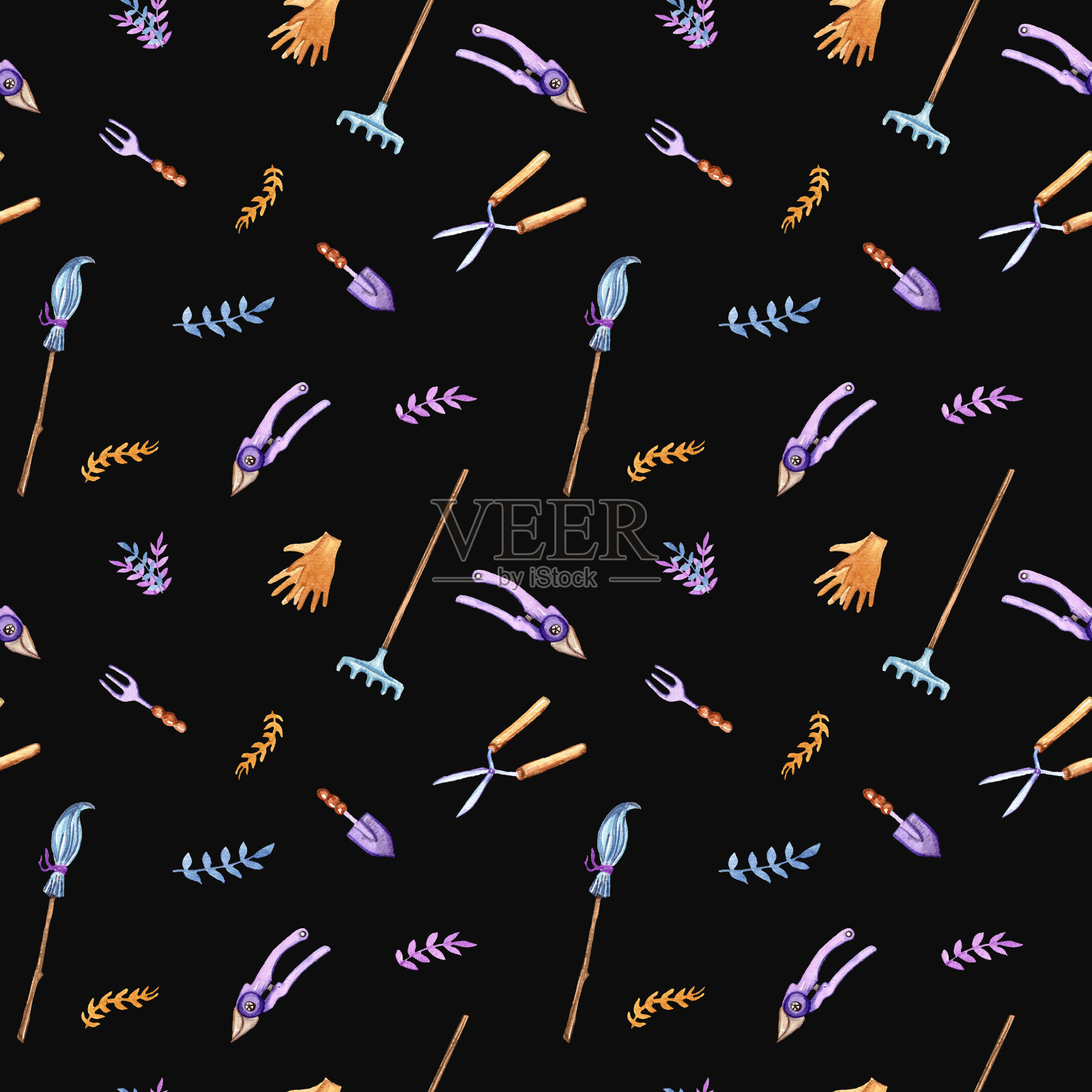 花园工具和植物叶子的无缝图案在黑暗的背景上。手工水彩。花园剪刀，扫帚，簸箕，手套。插画图片素材
