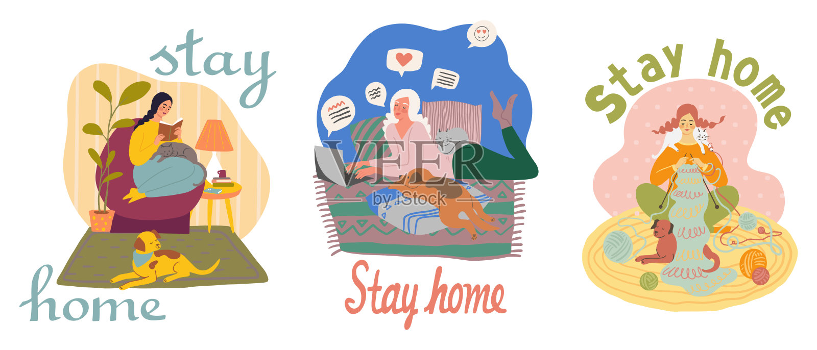 可爱的女孩读书，编织，聊天，花时间与狗和猫。待在家里，隔离概念。一个年轻女人和她的宠物在室内。平面手绘卡通插图。插画图片素材