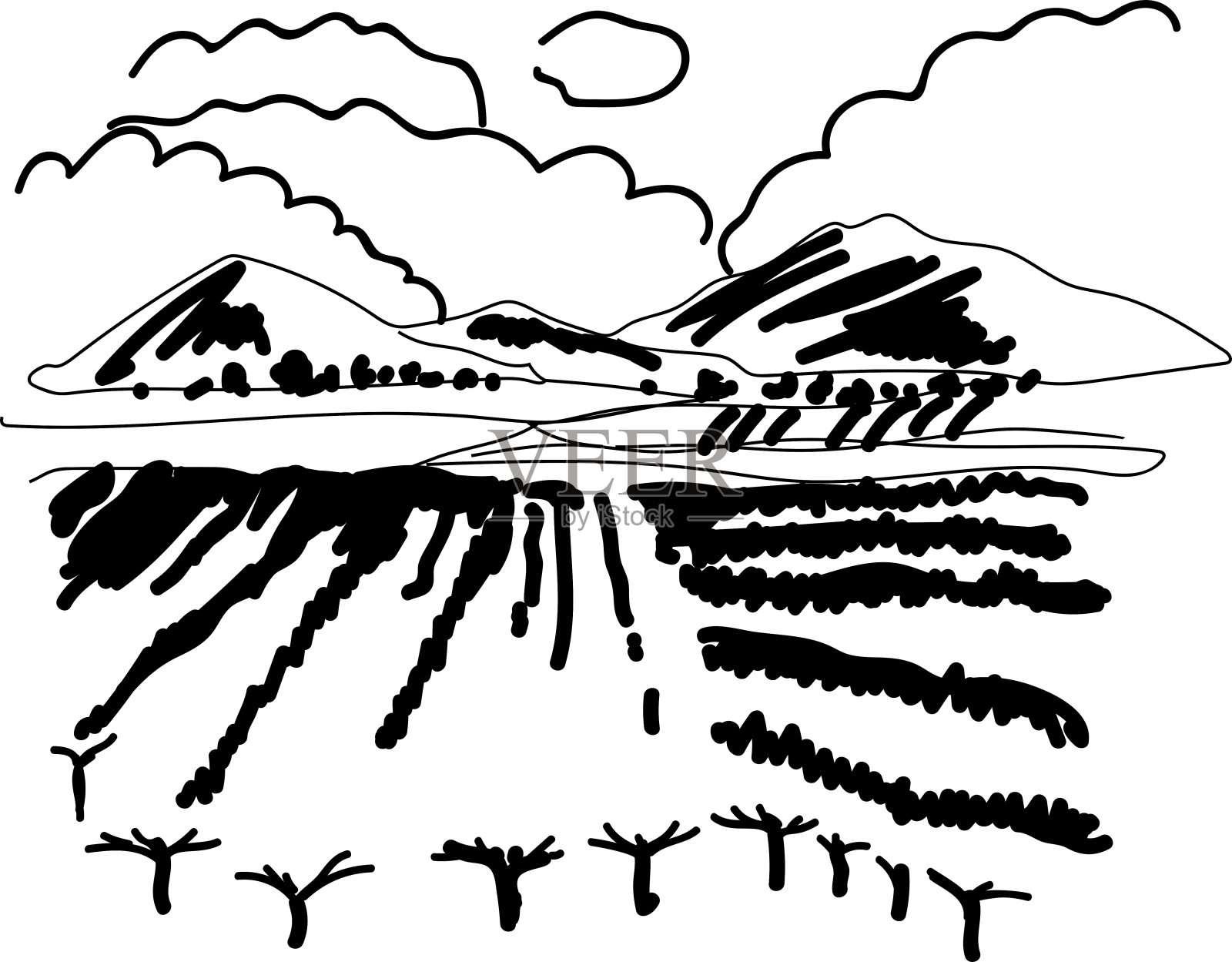 风景素描与葡萄园和山在地平线上插画图片素材