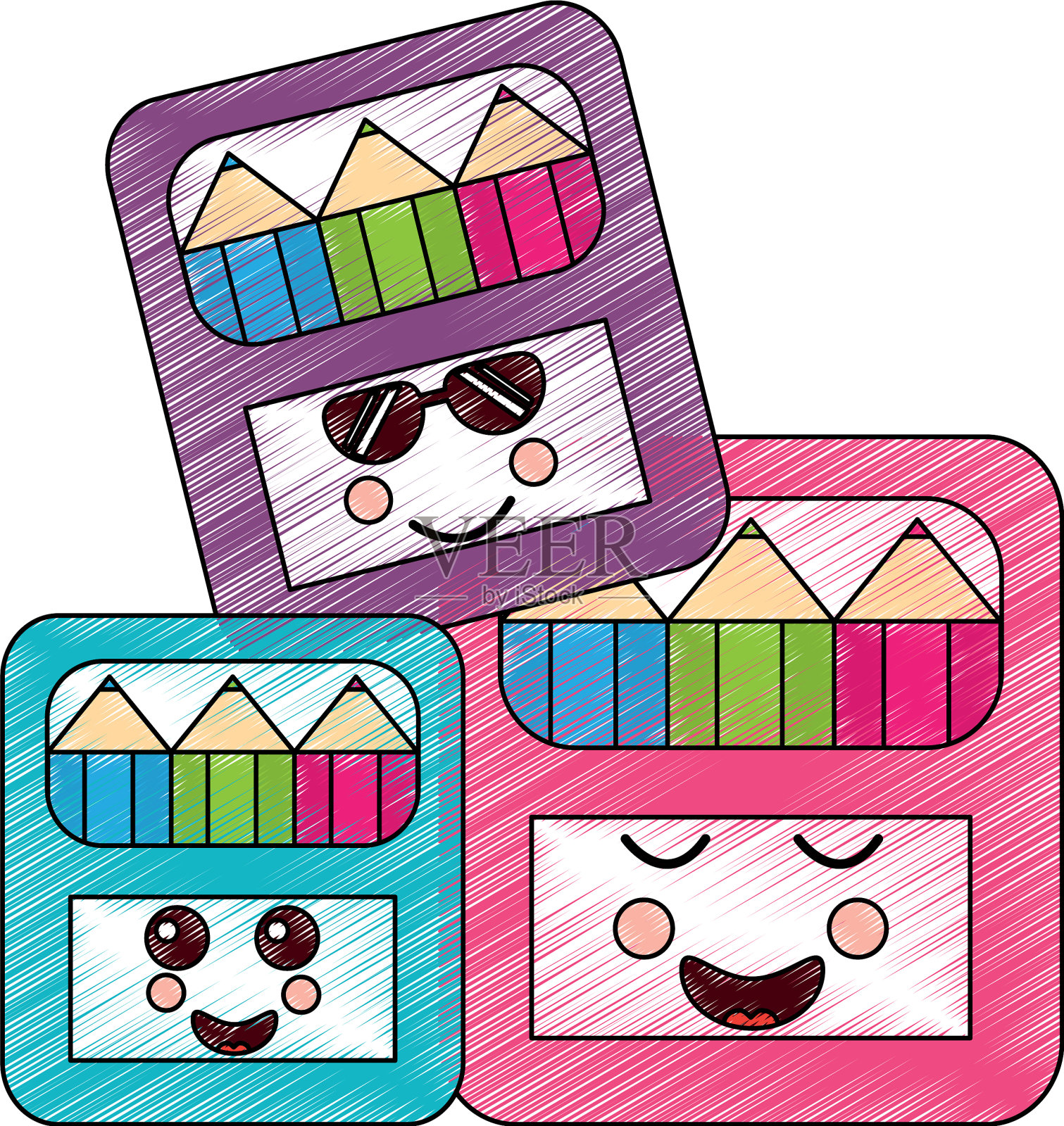 有趣的卡通学校颜色在盒子卡哇伊设计元素图片