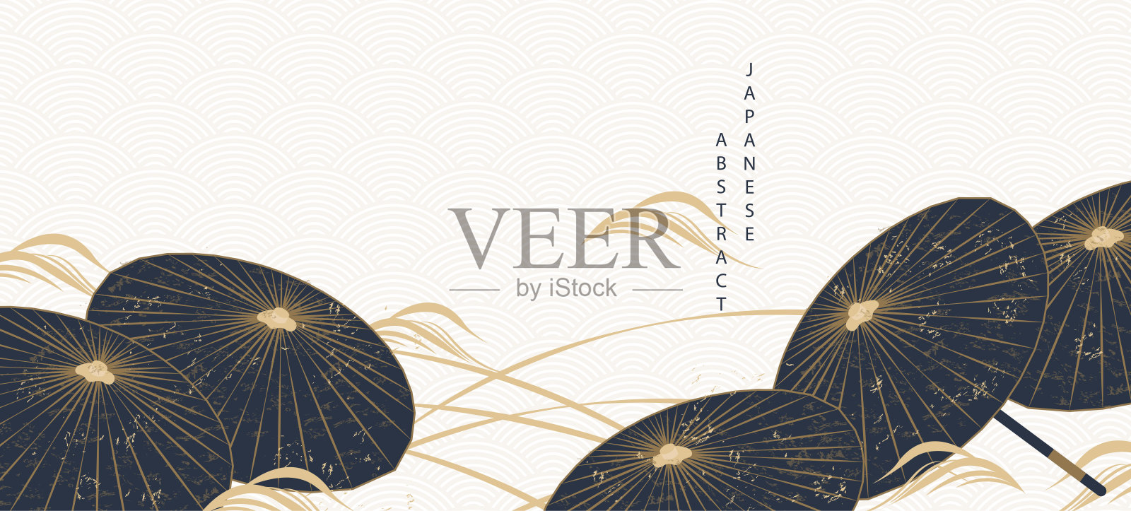 东方日式抽象图案背景设计几何波浪动和油纸伞插画图片素材