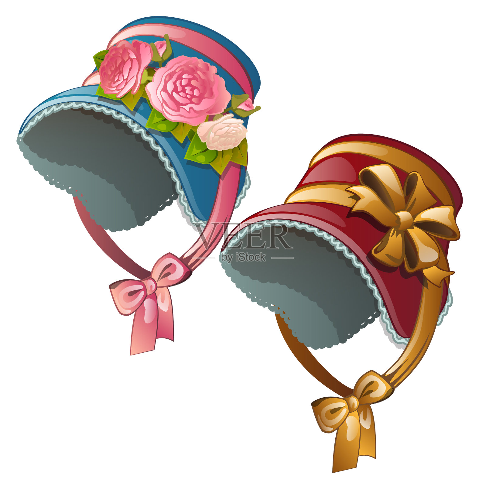 一套古老的女士帽子孤立在白色设计元素图片