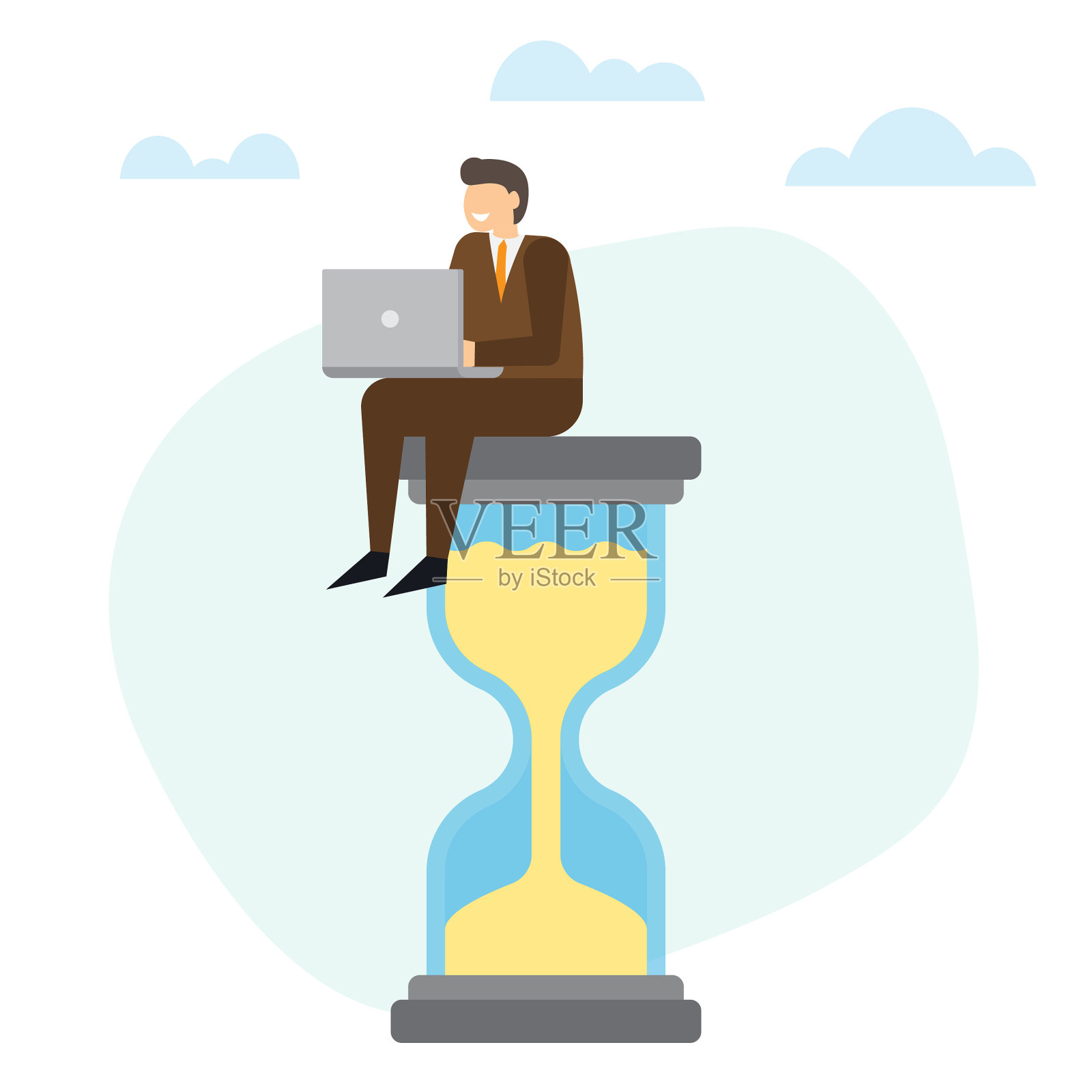 拿着笔记本电脑坐在大沙漏上的商人设计元素图片