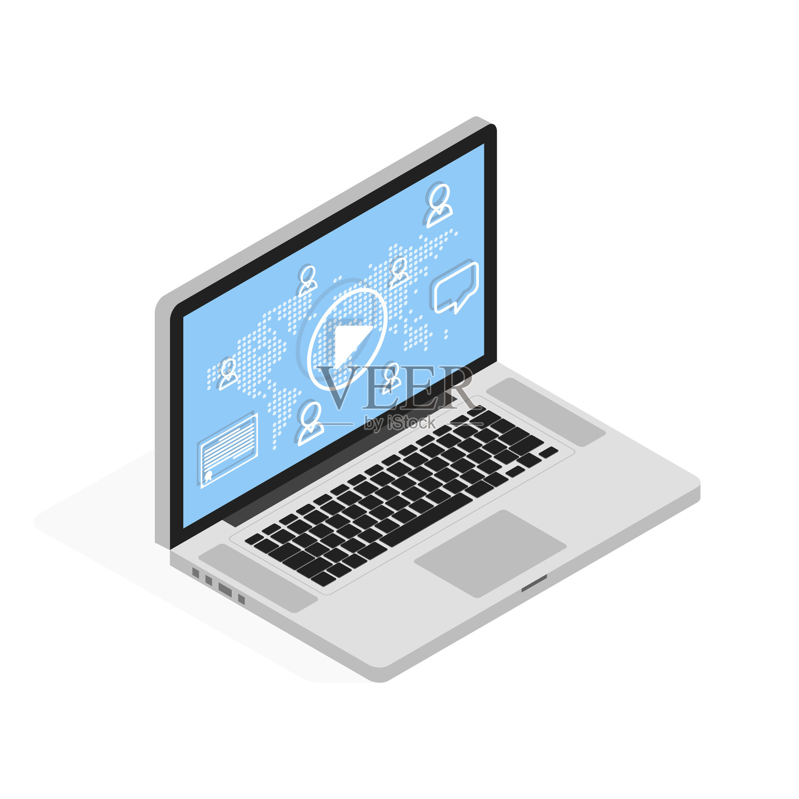 等距笔记本电脑在线视频教程和社交设计元素图片