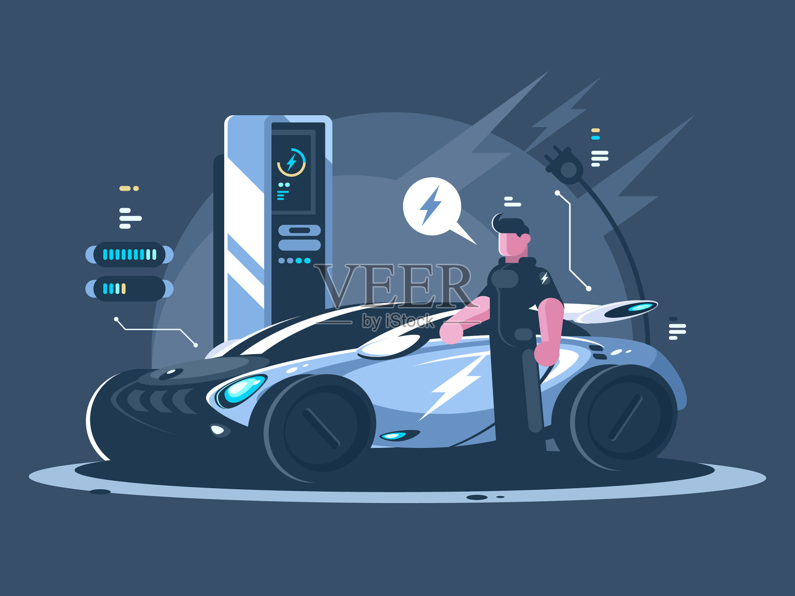 电动汽车和驾驶员接近汽车插画图片素材
