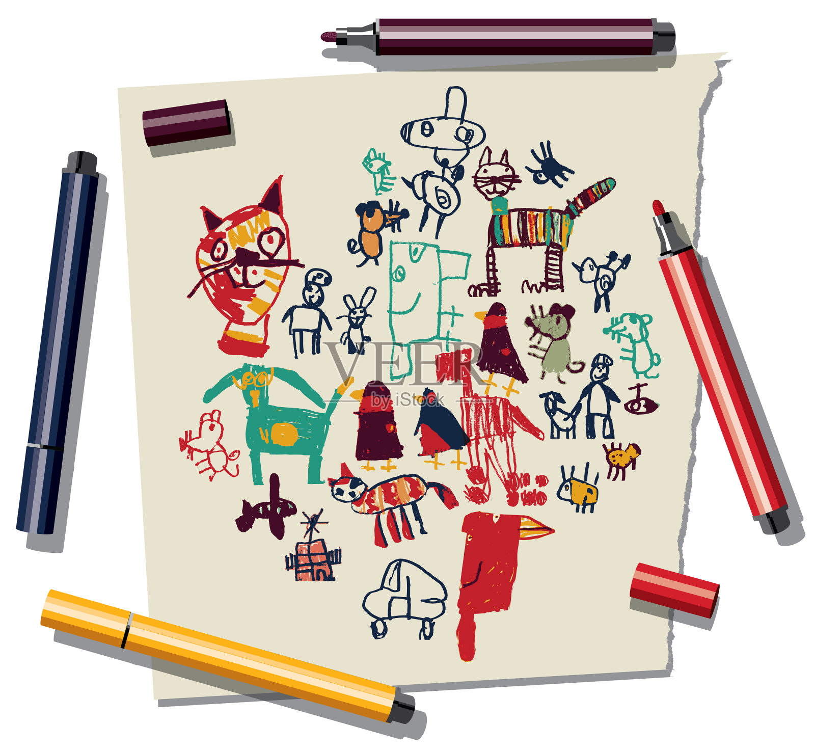 涂鸦与纸和毡笔隔离在一起设计元素图片