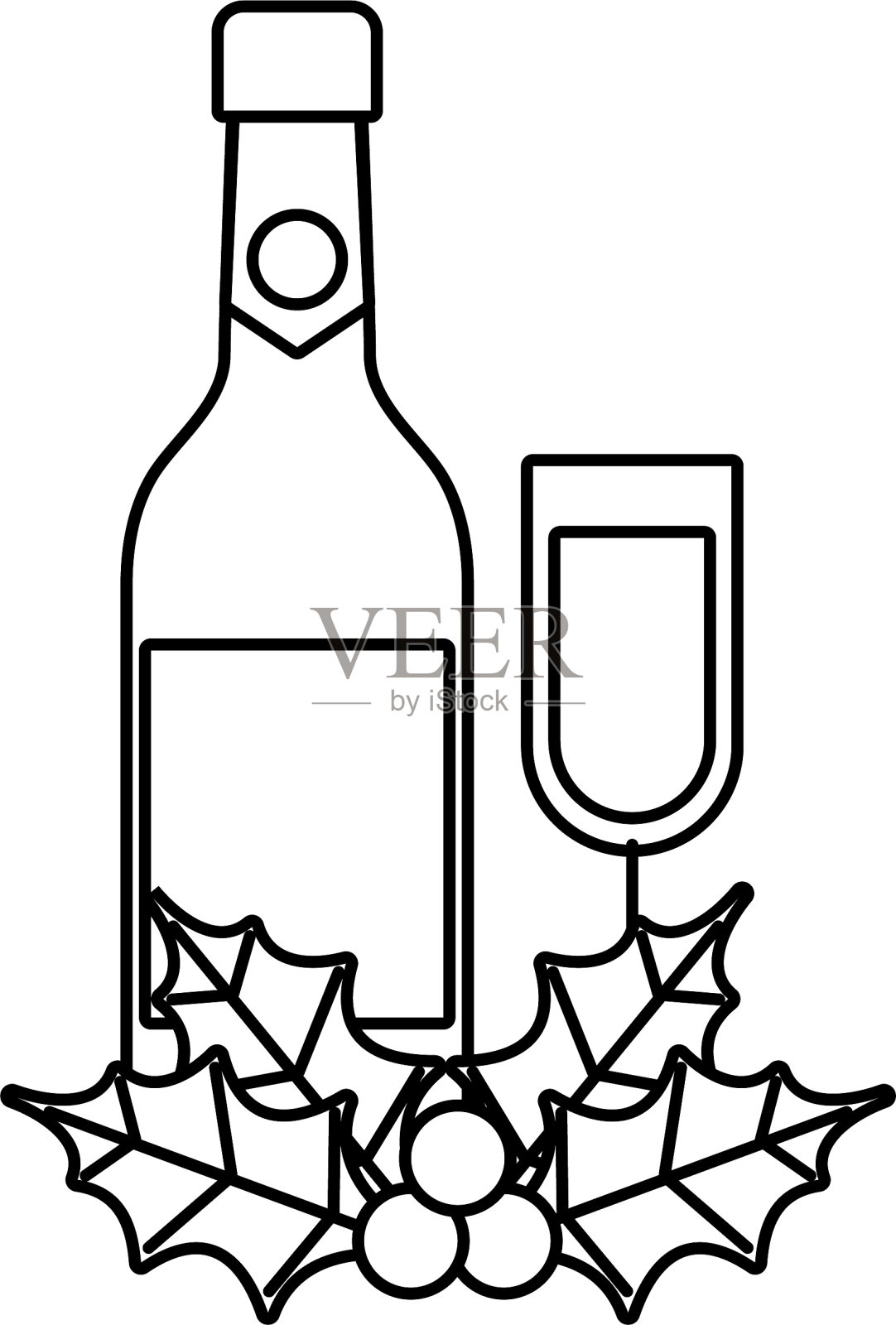 圣诞香槟酒瓶玻璃冬青浆果设计元素图片