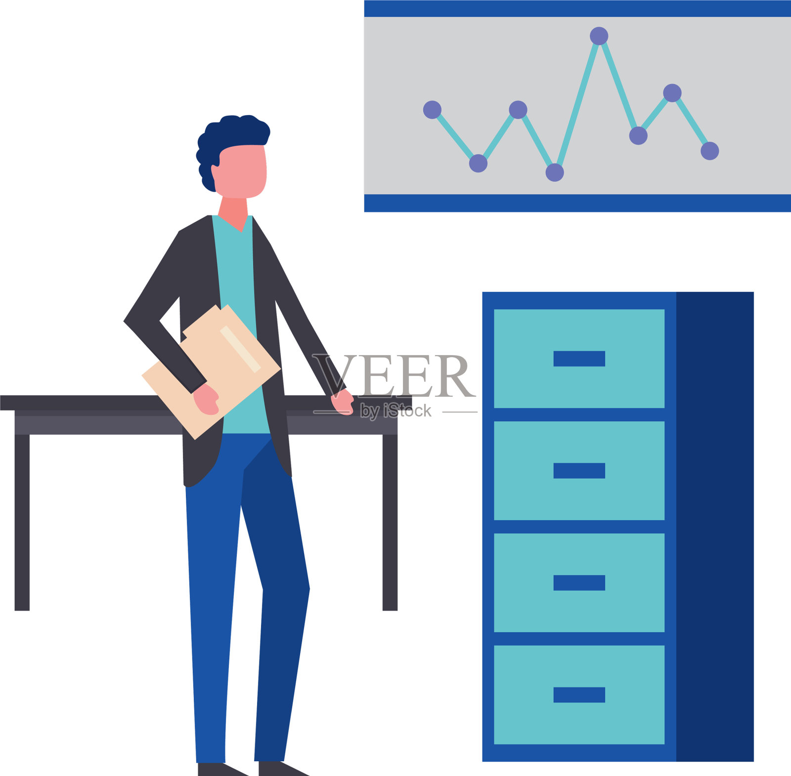 商人与文件夹，书桌，橱柜和董事会设计元素图片