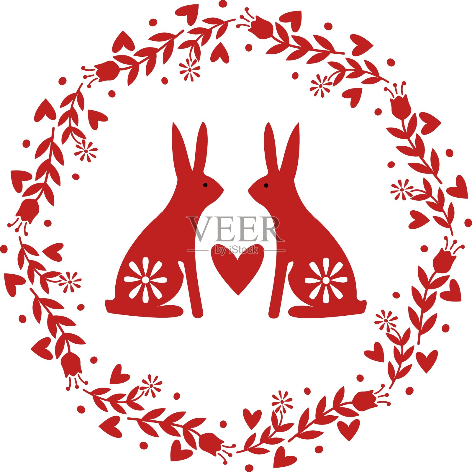 花圈与花心脏和兔子设计元素图片