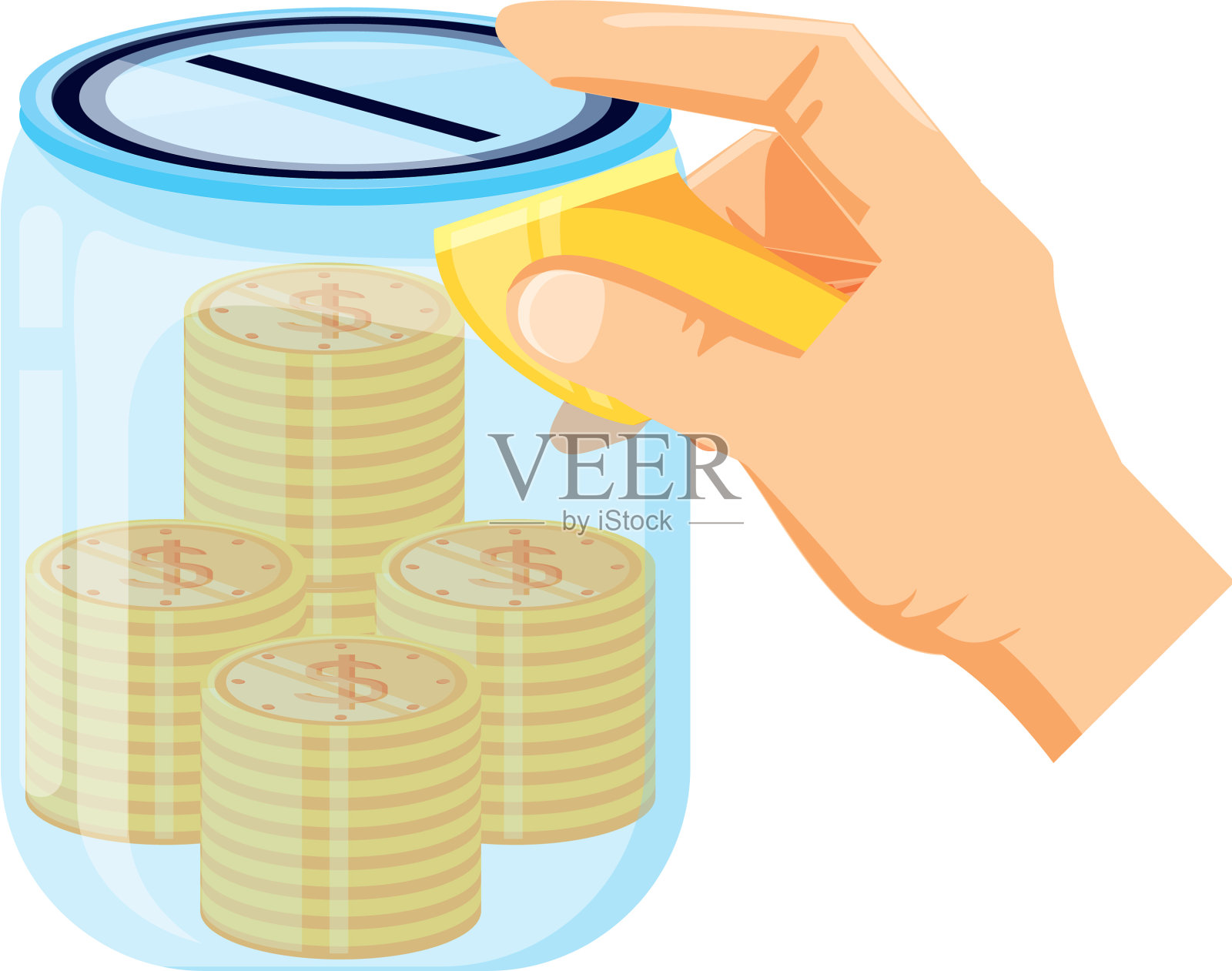 手和存钱罐与钱硬币设计元素图片