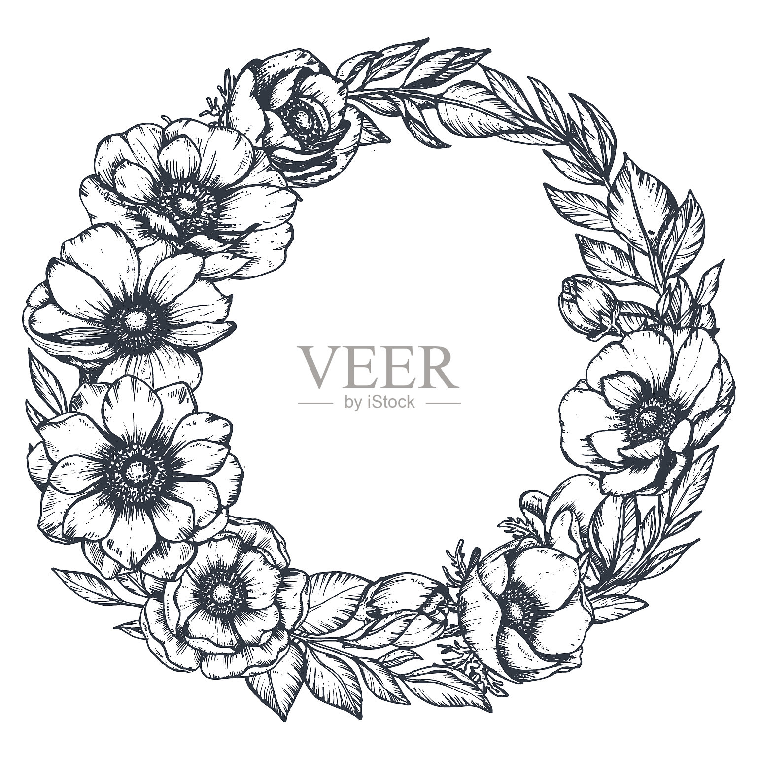 黑白花圈手绘设计元素图片