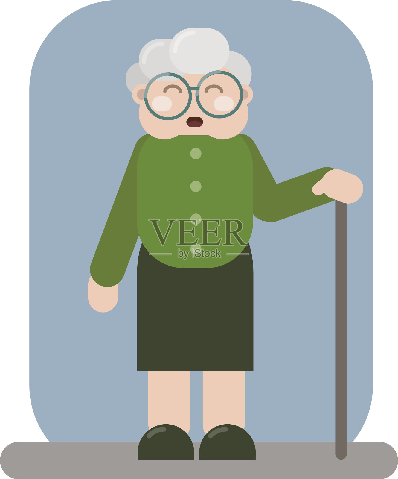 笑容可掬的老妇人穿着旧衣服，拄着拐杖设计元素图片