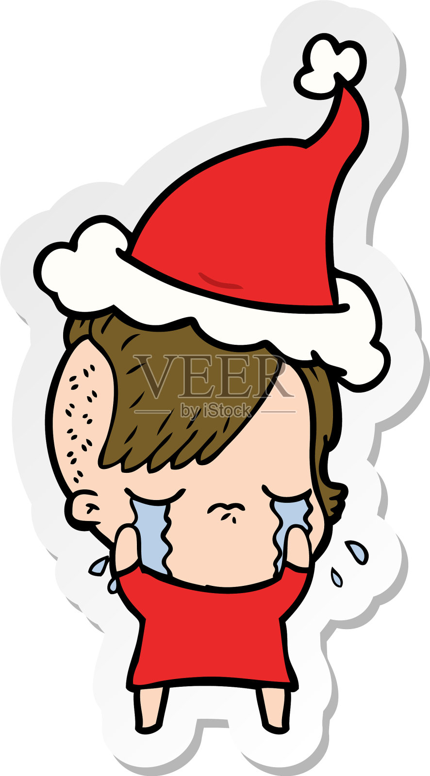 一个带着圣诞老人帽子哭泣的女孩的卡通贴纸设计元素图片