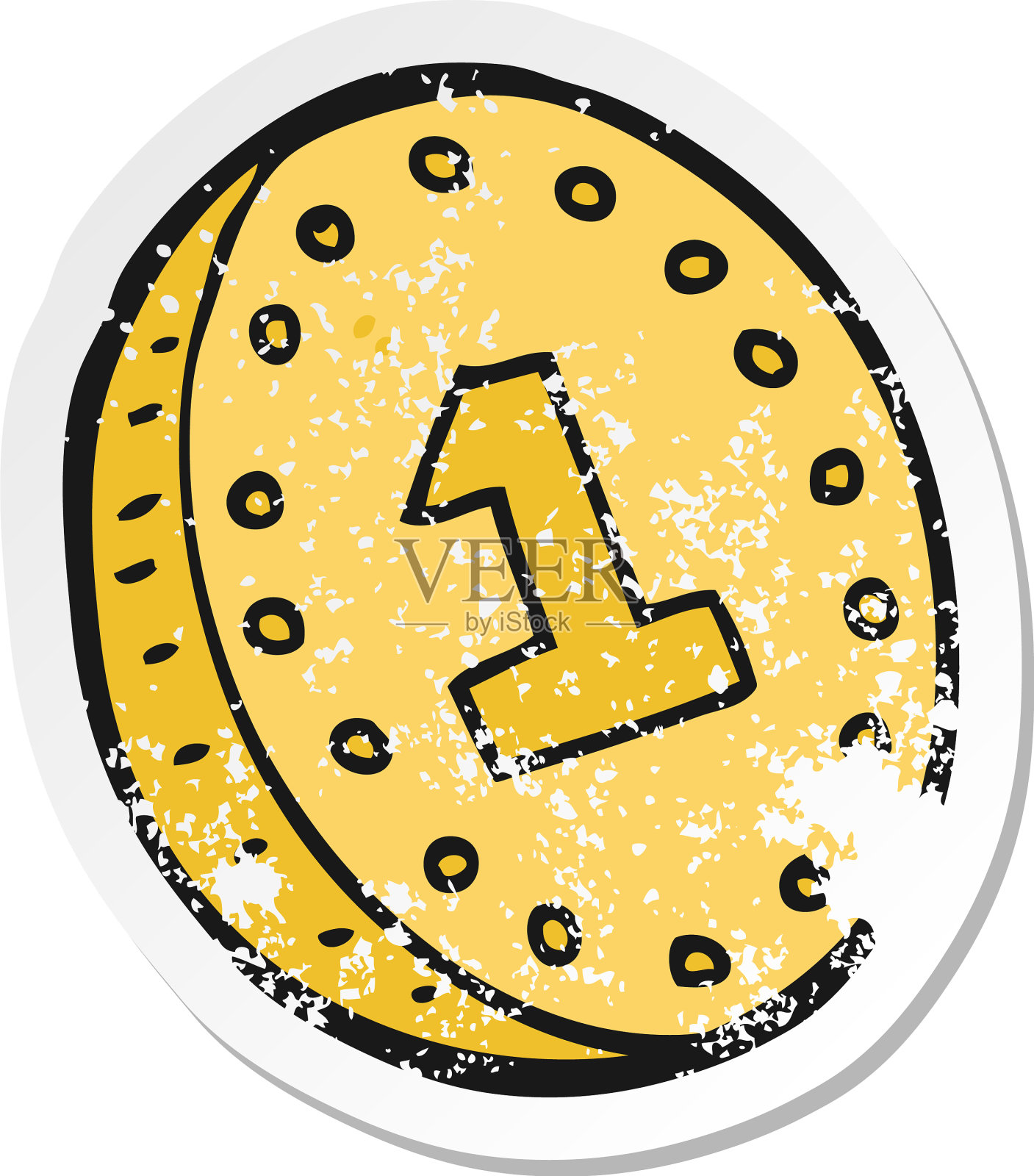 一枚卡通硬币的破旧贴纸设计元素图片